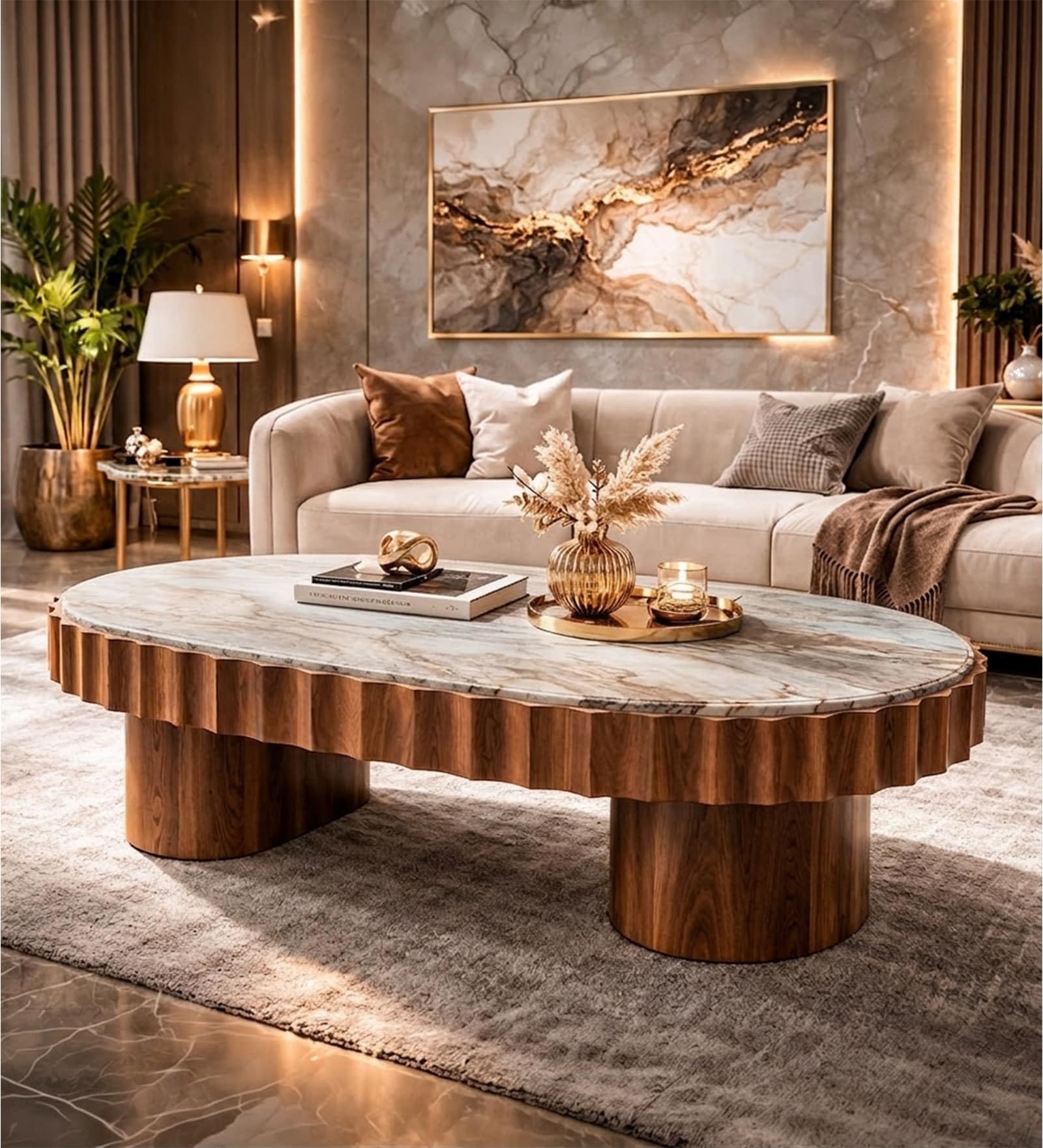 Triest Toronto Marble Top Coffee Table | Walnut Finish Acacia Wood Center Table for Living Room, Lounge & Reception Area | 130 x 65 x 44 cm