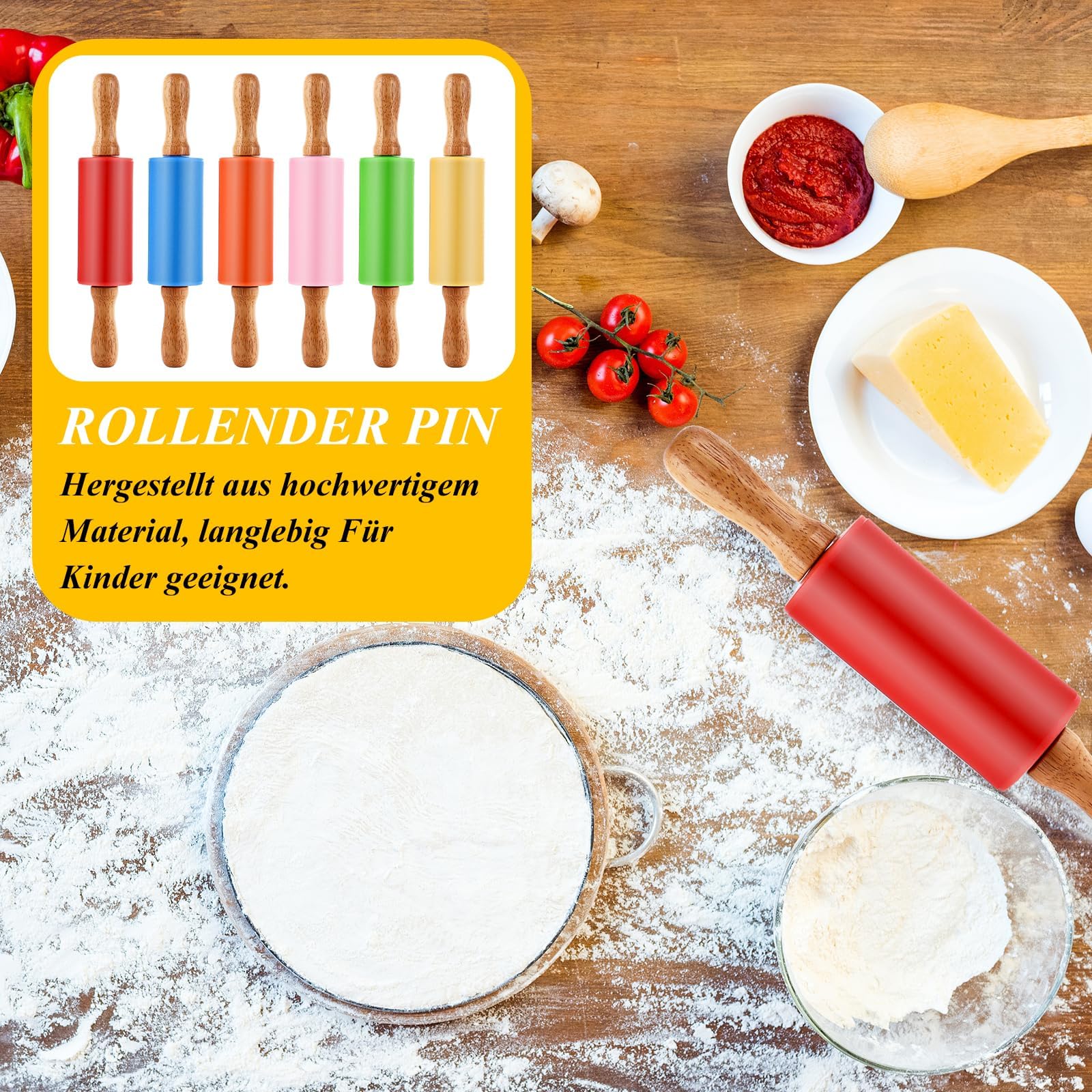 Lot de 6 Petit Rouleau Patisserie en Silicone 23,5 cm, Mini Rouleau Patisserie Antiadhésif avec Manche en Bois pour Fondant, Ravioli et Pizza