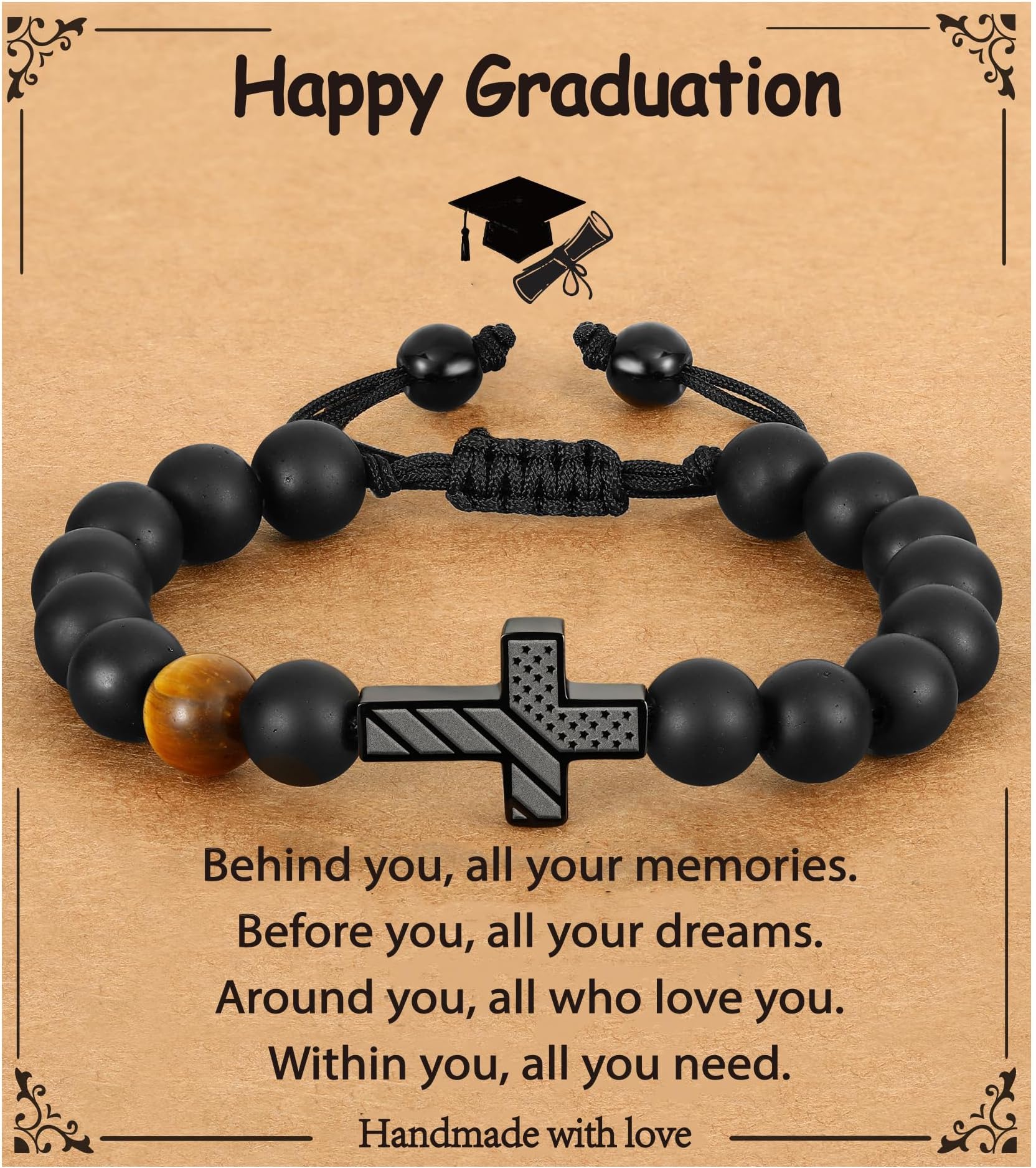 First Communion Confirmation Baptism Gifts for Boys, American Flag Cross Natural Beads Bracelet Christian Religious Jewelry Gifts for Teen Boys Kids
