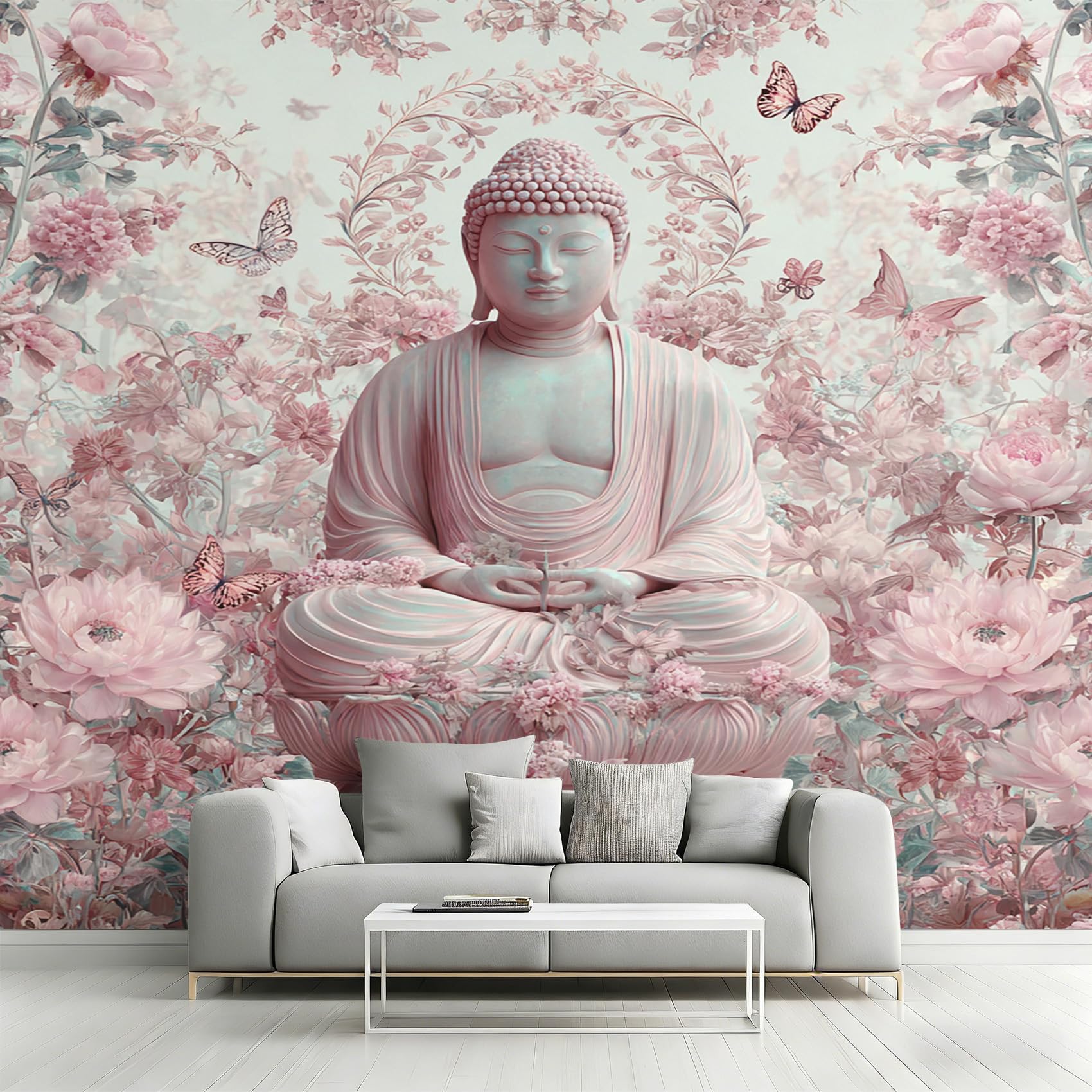 Papier peint panoramique lotus bouddha intissé rose 450x315 cm
