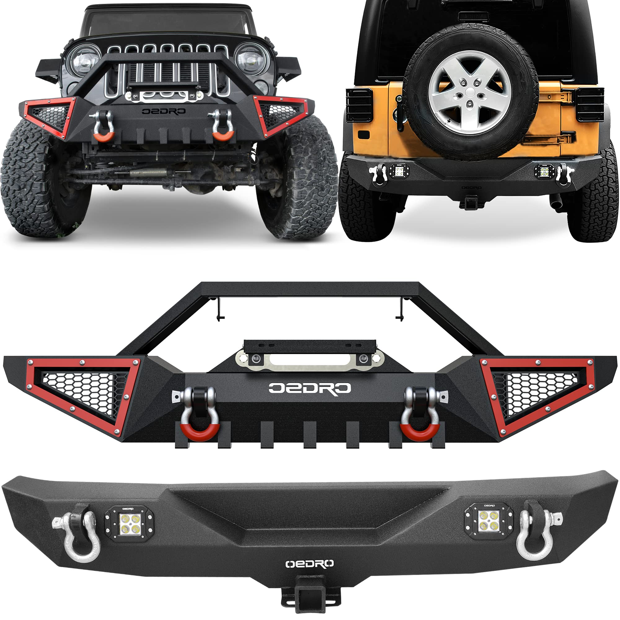 OEDRO Front and Rear Bumpers Fit 2007-2018 Jeep Wrangler JK & Unlimited with Winch Plate Mounting & 2" Hitch Receiver & 4 D-ring & 2x Square LED Lights & Paintable Armor