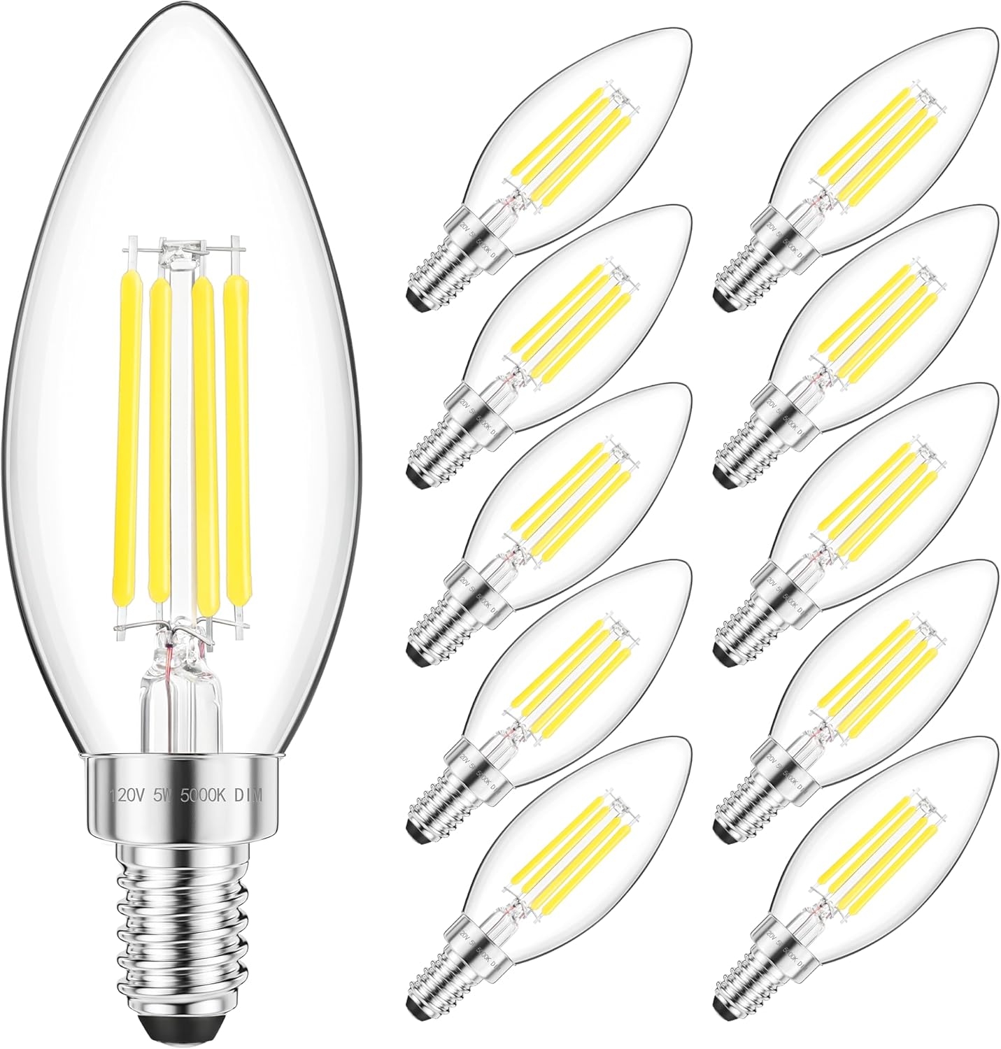 GGOYING E12 Candelabra LED Bulb 60W Equivalent, 600LM Dimmable Chandelier Light Bulbs, 5000K Daylight White, 85+ CRI Candle Base Clear Filament Bulbs, 10-Pack