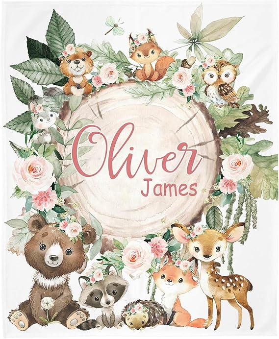 Girl Woodland Baby Blanket, Personalized Blanket for Baby