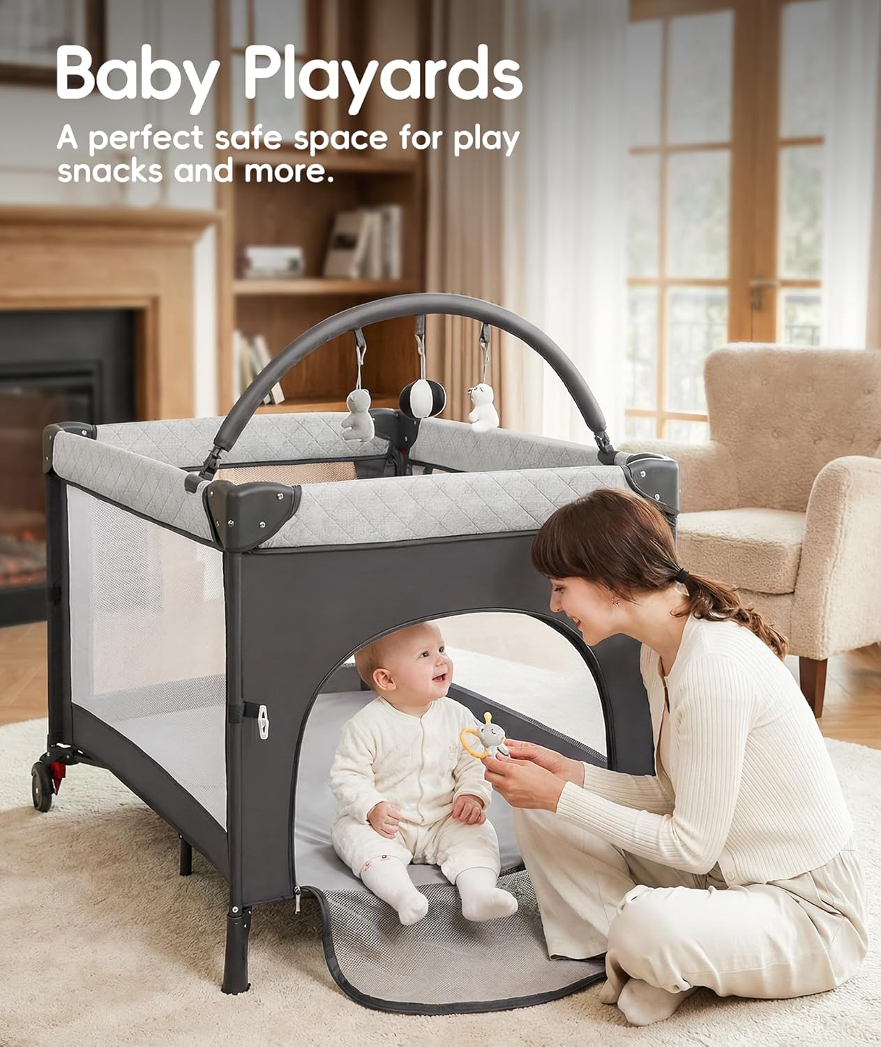 4 in 1 Baby Bassinet Bedside Crib with One-Hand Setup & Waterproof Mattress – ASTM-Certified Pack and Play, Portable Foldable Playard with Diaper Changer for Newborn to Toddler (Grey)