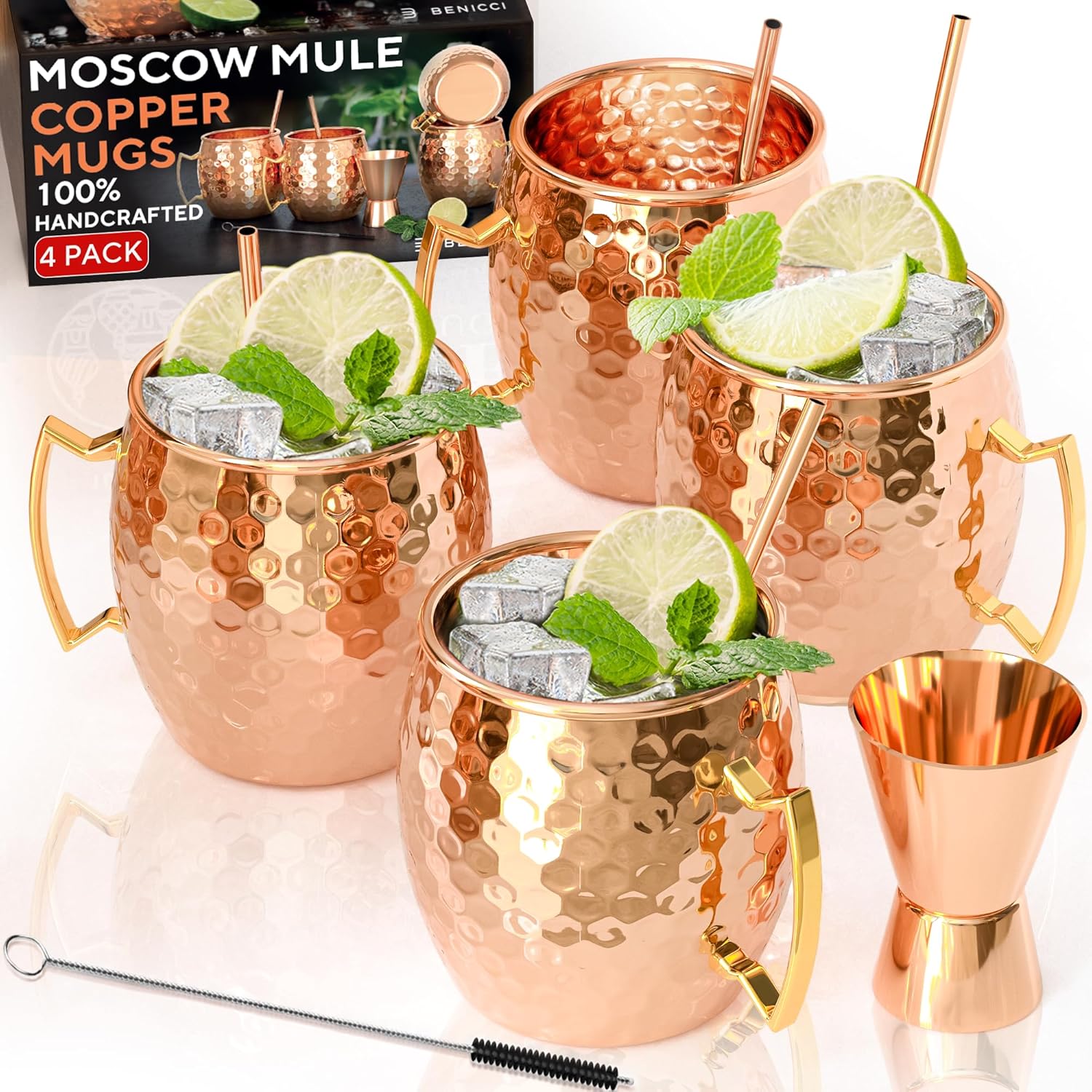 Benicci Moscow Mule Copper Mugs - Set of 4-100% HANDCRAFTED - Food Safe Pure Solid Copper Mugs - 16 oz Christmas Gift Set with Premium Quality Cocktail Straws and Jigger!