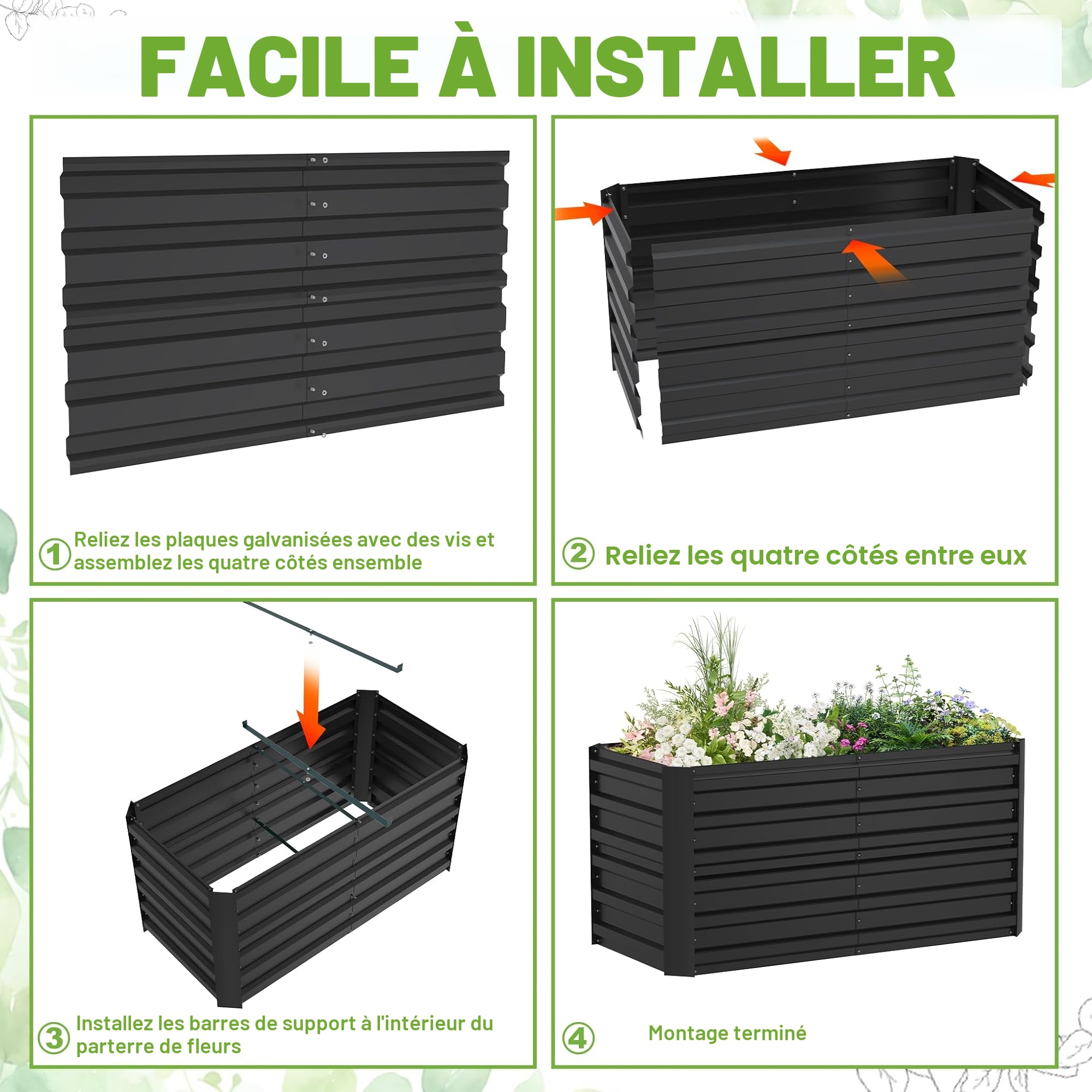 FIVMEN Jardinière surélevée - 120 x 60 x 58 cm - En acier galvanisé - Grande jardinière extérieure - Pour jardin, balcon - Rectangulaire - Pour jardin, balcon, noir