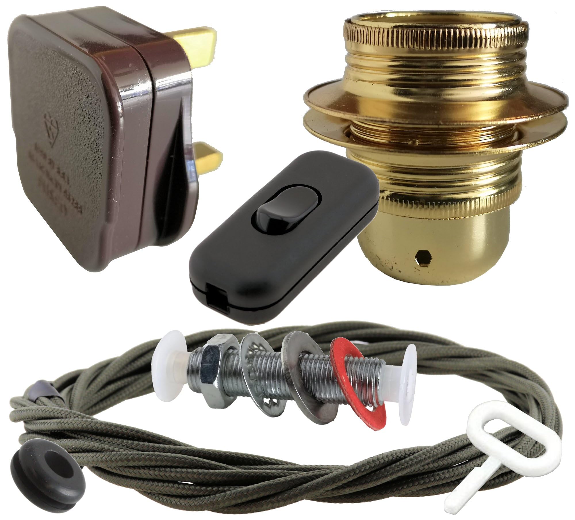 Art Deco Emporium Lamp Repair and Service Kit|Brown Plug|Khaki Green Flex|Black Switch|E27 Brass Finish Lamp Holder Holder