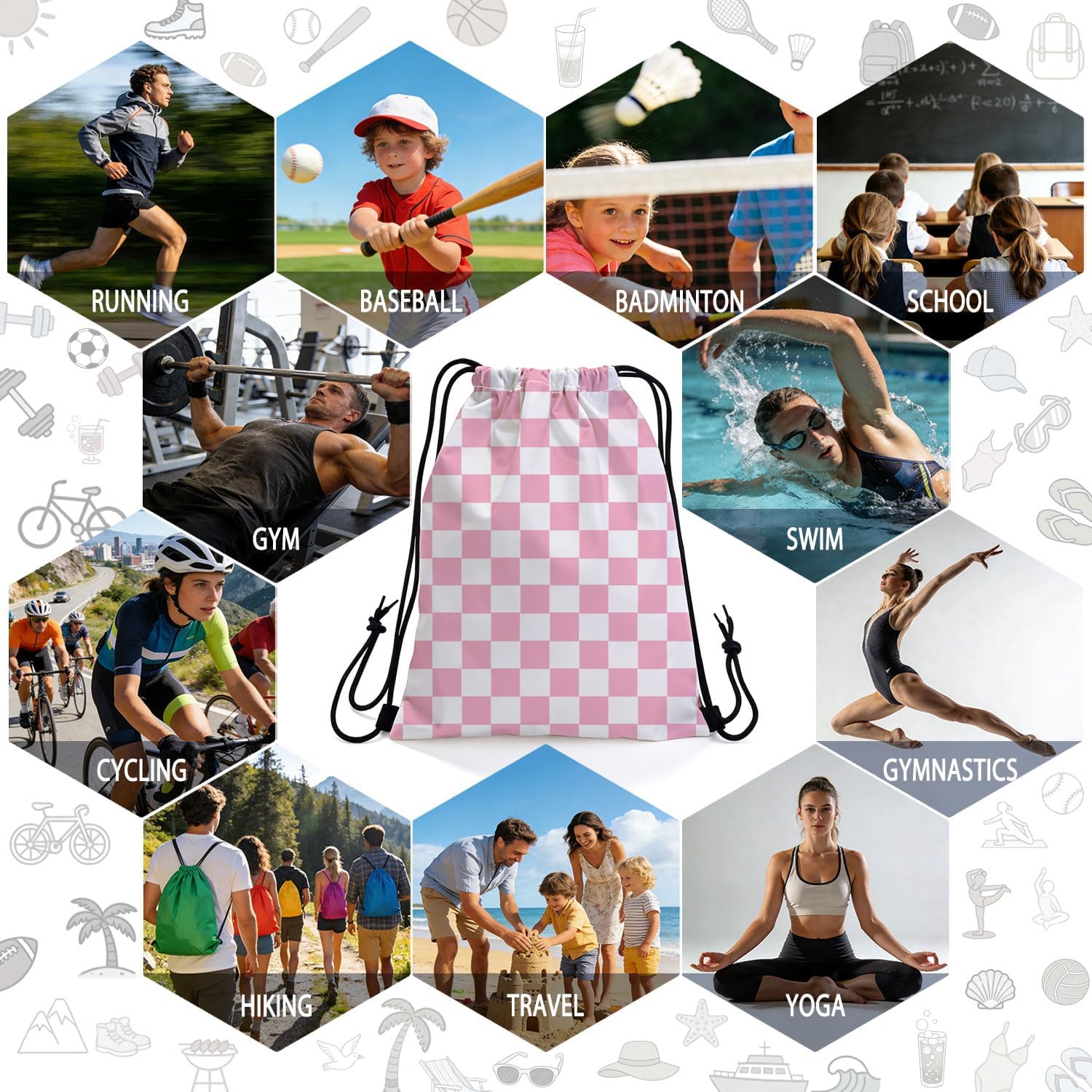 Pink Checkered Dual-Sided Print Drawstring Bag