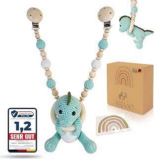 ARIASO® Cadena de madera y algodón para cochecito de bebé, de ganchillo, para cochecito de bebé, adecuada para niñas y niños a partir de 0 meses, incluye tarjeta de regalo (azul turquesa)
