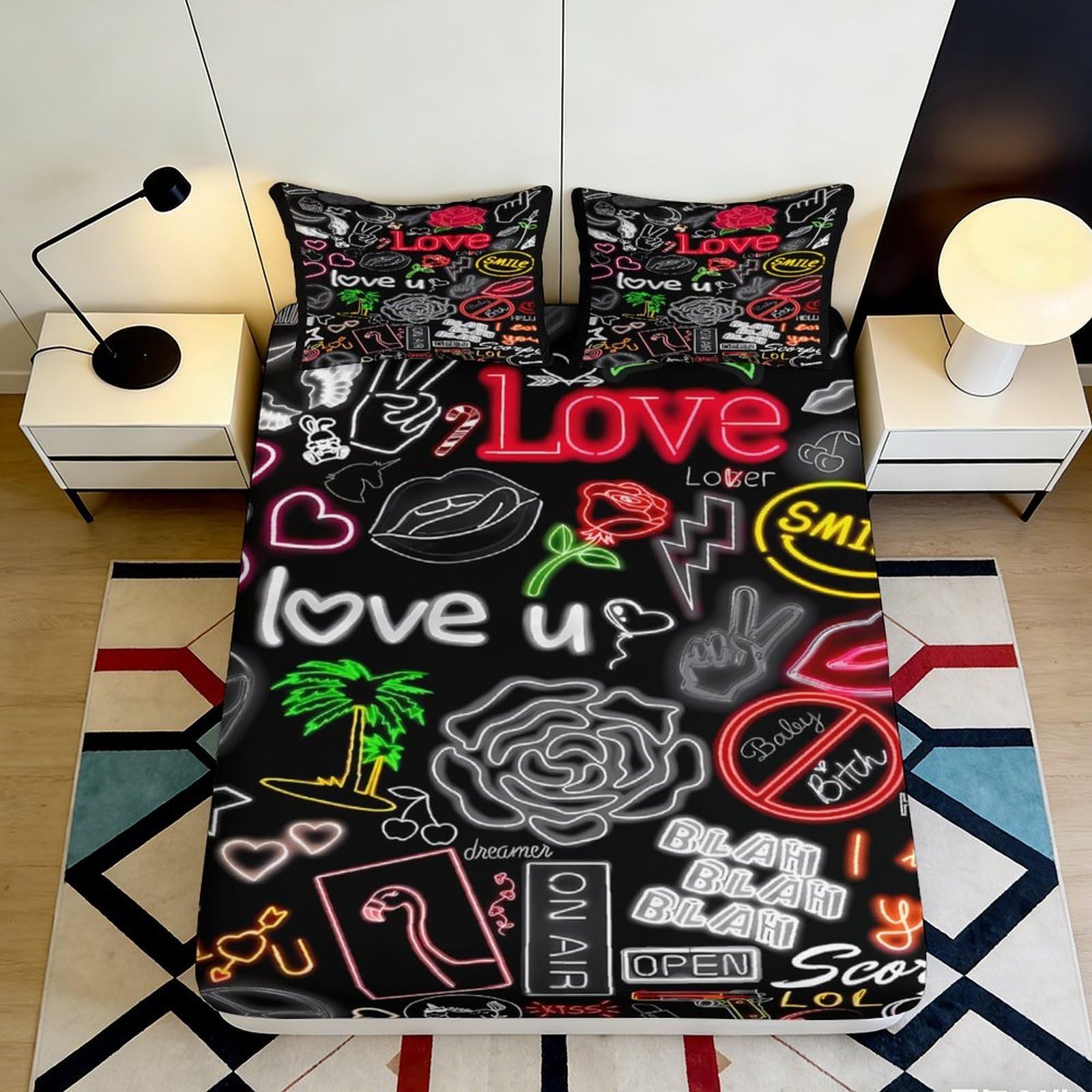 3D Printed Neon Love Graffiti Fitted Sheet Microfiber Vibrant Art Mattress Cover for Bedroom Dorm Protection Decor 200x200x25cm