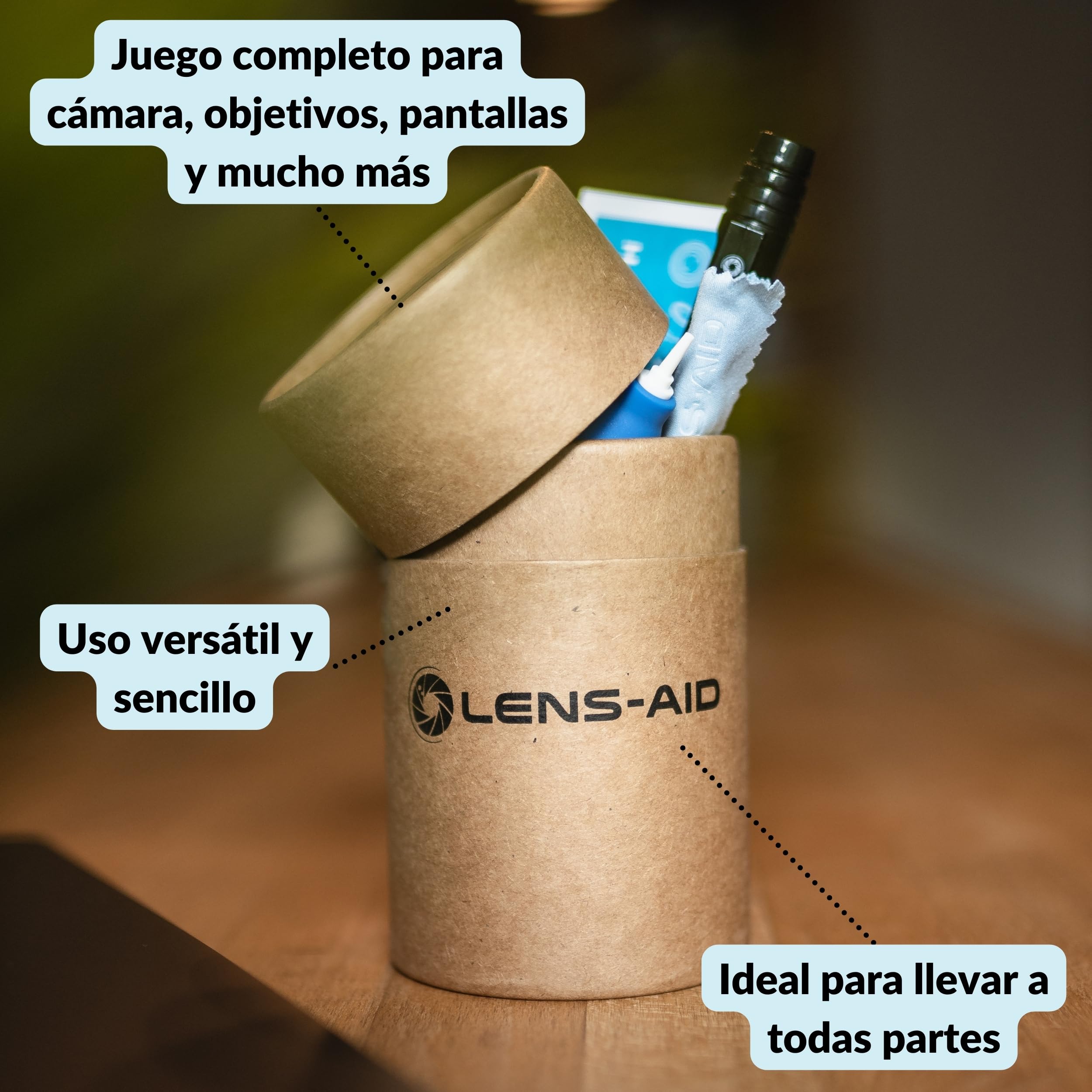 Lens-Aid Kit Limpieza cámara 8 en 1 – Set con Fuelle, Cepillo, lápiz, paños, líquido y más – Ideal para Objetivos, sensores, filtros y Pantallas – Regalo para fotógrafos