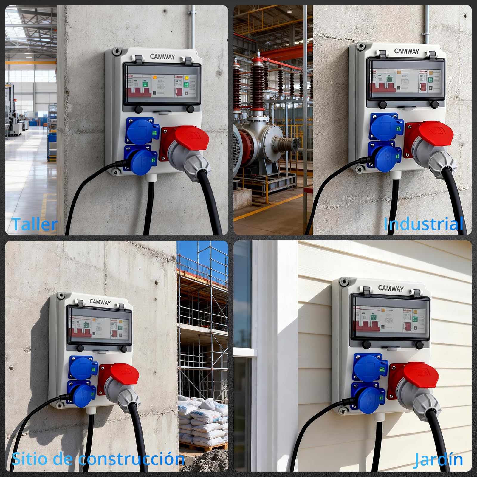 CAMWAY Distribuidor de Corriente para Construcción de pared con LS+FI, 2 Enchufes Schuko 230 V+1 Enchufe CEE 16A, IP66 Impermeable, Carcasa ABS Ignífugo para Interiores, Exteriores, Talleres y Fábrica