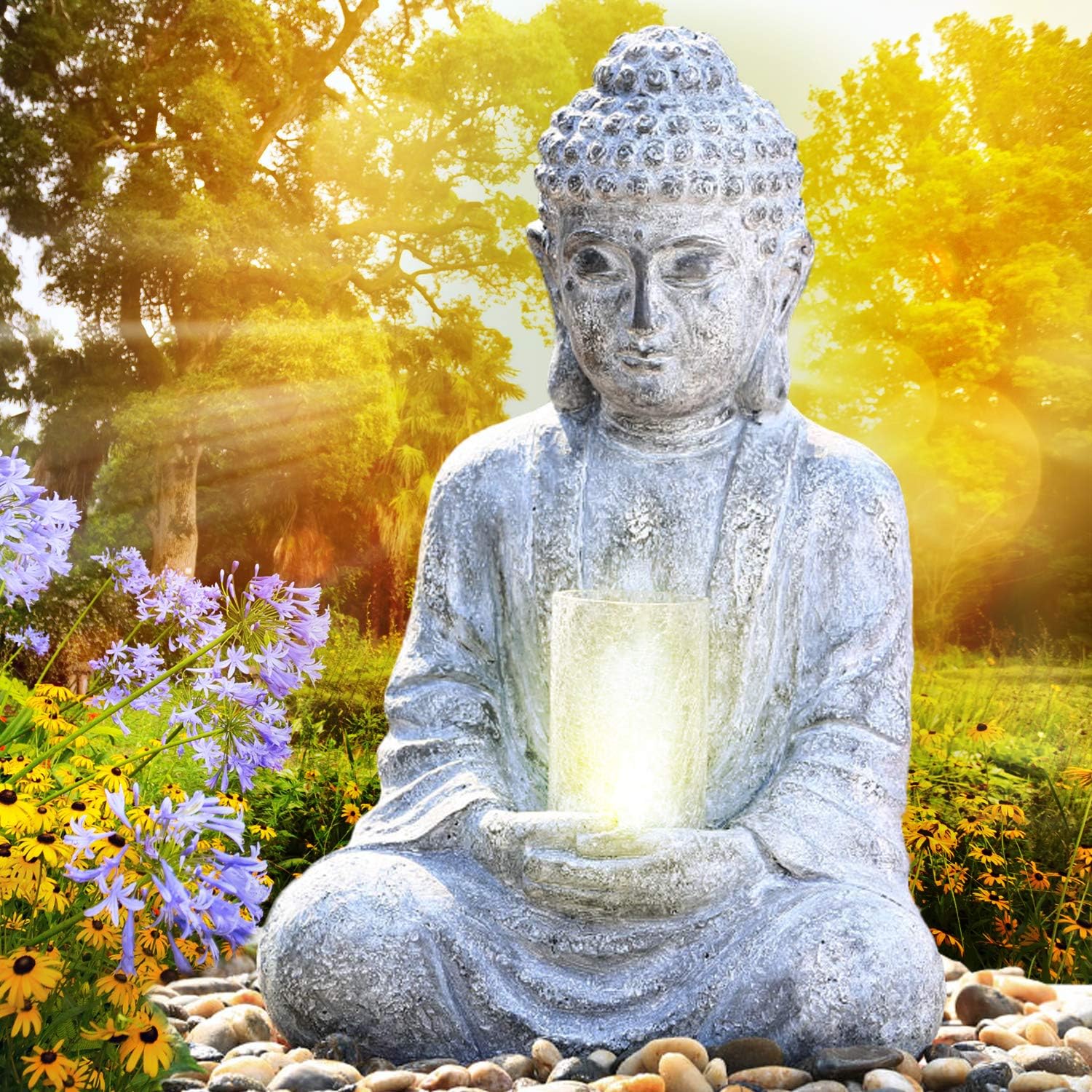Gartenbrunnen Zen Brunnen Zierbrunnen Zimmerbrunnen Springbrunnen Wasserfall Wasserspiel für Garten, Gartenteich, Terrasse, Balkon Sehr Dekorativ (230V - Brunnen Zhen Lebens-LICHT mit LED Licht)