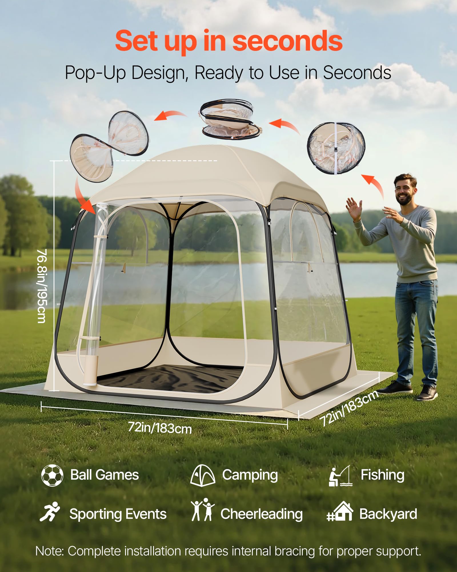 VEVOR Tente de Sport Pop up, 4 Tailles optionnelles, Tente à Bulles Transparente pour 1 à 6 Personnes, Pod d'extérieur étanche avec Tapis de Sol et Housse supérieure, tentes de Jardin Igloo dôme abri
