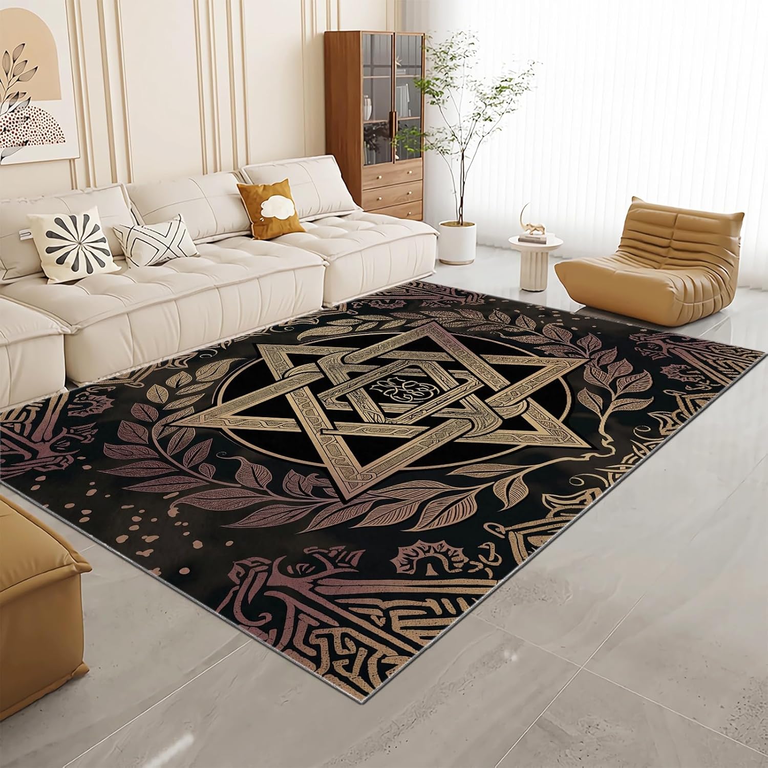 Area Rug 2 x 3 ft Viking Runes Geometric Shapes Black Gold, Machine Washable Rugs for Living Room Dining Room Carpet Non-Shedding and Easy-Cleaning with Backing Non-Slip, Kid Pet Friendly