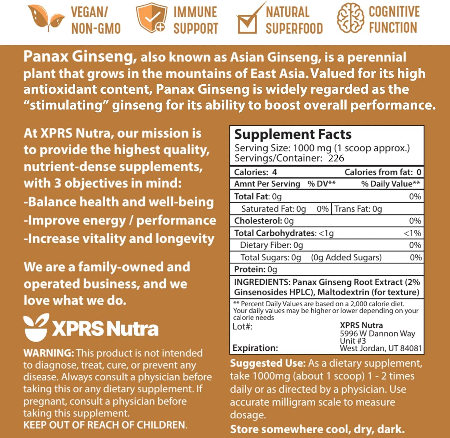 XPRS Nutra Ginseng Root Extract Powder - Ginseng Powder Supports Cognitive Function, Physical Performance, and Immune System - Vegan Friendly Panax Ginseng in Powder Form (8 Ounce)