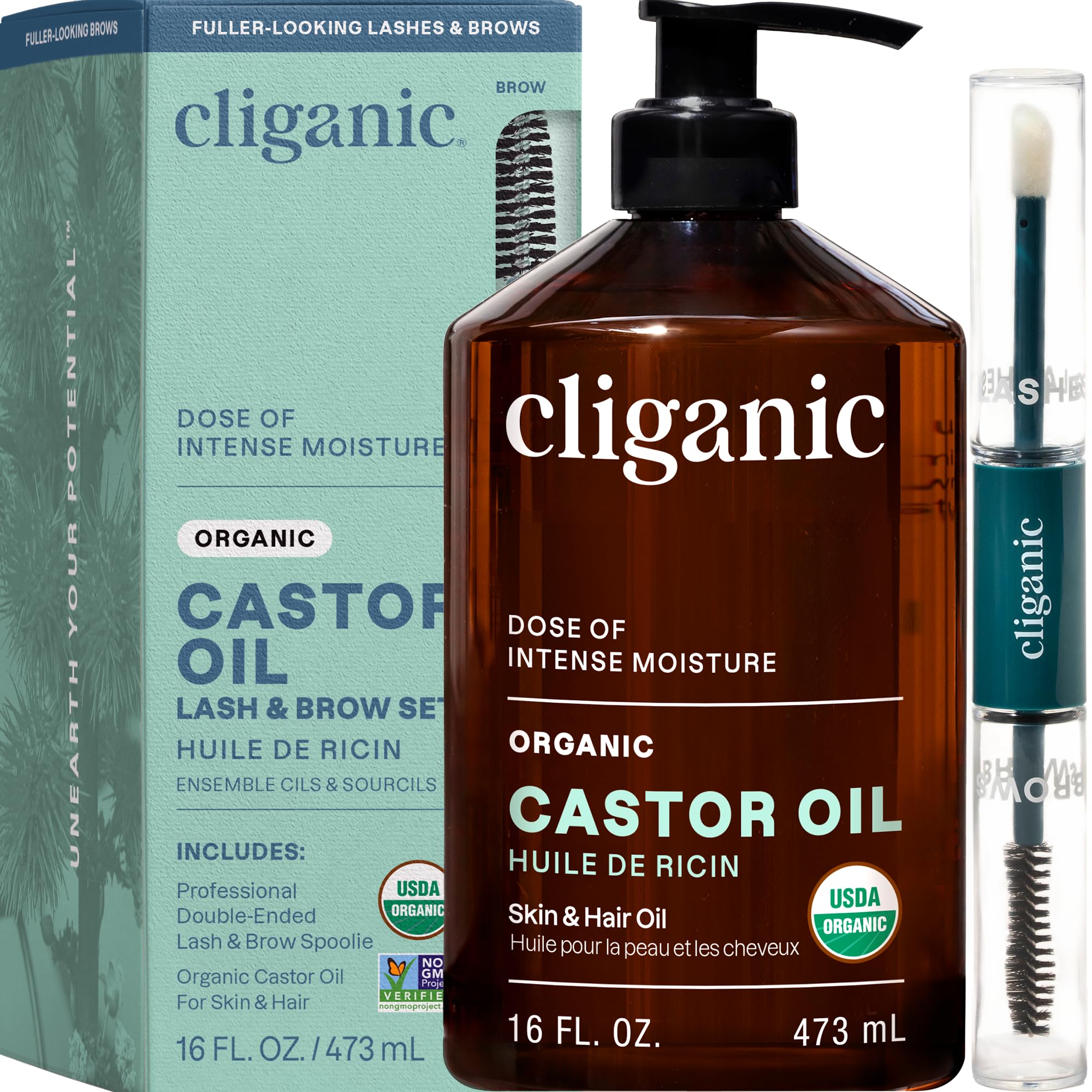 Cliganic (473ml) - USDA Organic Castor Oil, 100% Pure (473ml with Eyelash Kit) - For Eyelashes, Eyebrows, Hair & Skin Bulk, Natural Cold Pressed Unrefined Hexane-Free DIY Carrier Oil
