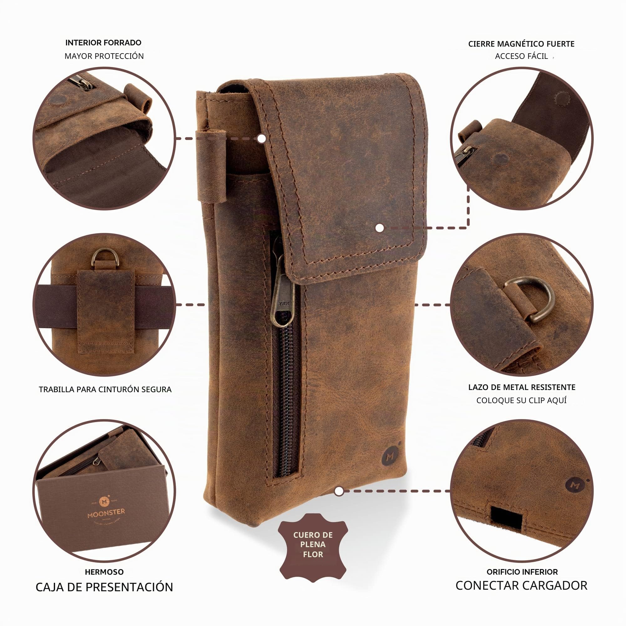 Funda Móvil de Cuero – Piel de Búfalo Auténtica de Plena Flor – Porta Móvil Grande de 18 x 9 cm – Ajuste Seguro y Duradero al Cinturón