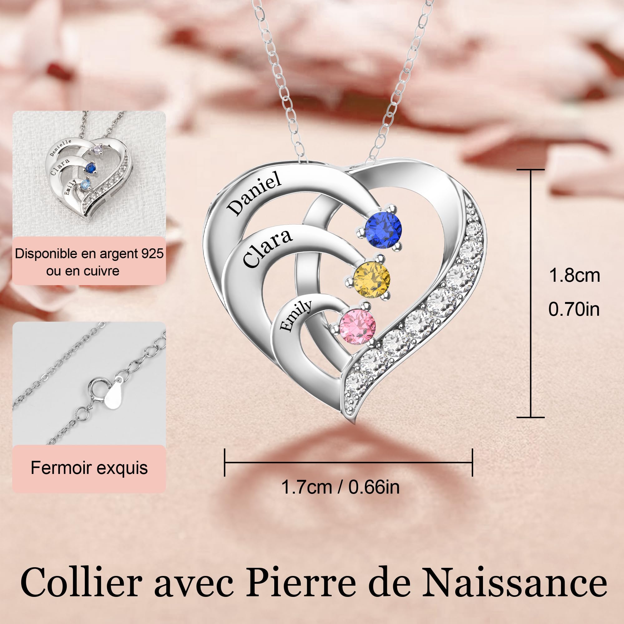 Easycosy Collier Personnalisé Prénom avec Pierres de Naissance Collier gravé 1-4 Nom Collier Pendentif Cœur Bijoux Personnalisé Cadeau Femme Fille Maman Mamie Copine pour Anniversaire Noël St-Valentin