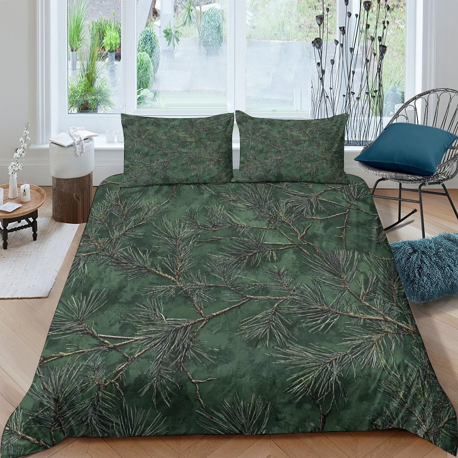 GPLZQXKJNH 3D Printed Pine Forest Duvet Cover Set Microfiber Breathable Nature Green Bedding Set with 2 Pillowcases for Bedroom Decor Single（135x200cm）