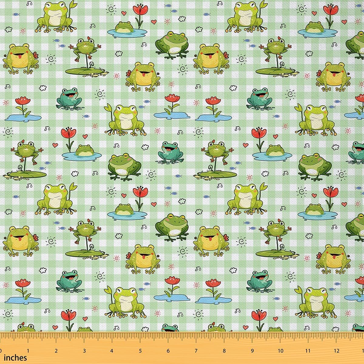 Feelyou Frog Fabric by The Yard 3 Yards Cute Cartoon Frog Decorative Waterproof Outdoor Fabric for Kids Teens Green White Stripe Upholstery Fabric for Chairs Nature Fabric for Home DIY Projects