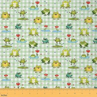 Feelyou Frog Fabric by The Yard 2 Yards Cute Cartoon Frog Decorative Fabric for Kids Teens Green White Stripe Upholstery Fabric for Chairs Nature Fabric for Home DIY Projects Soft Flannel