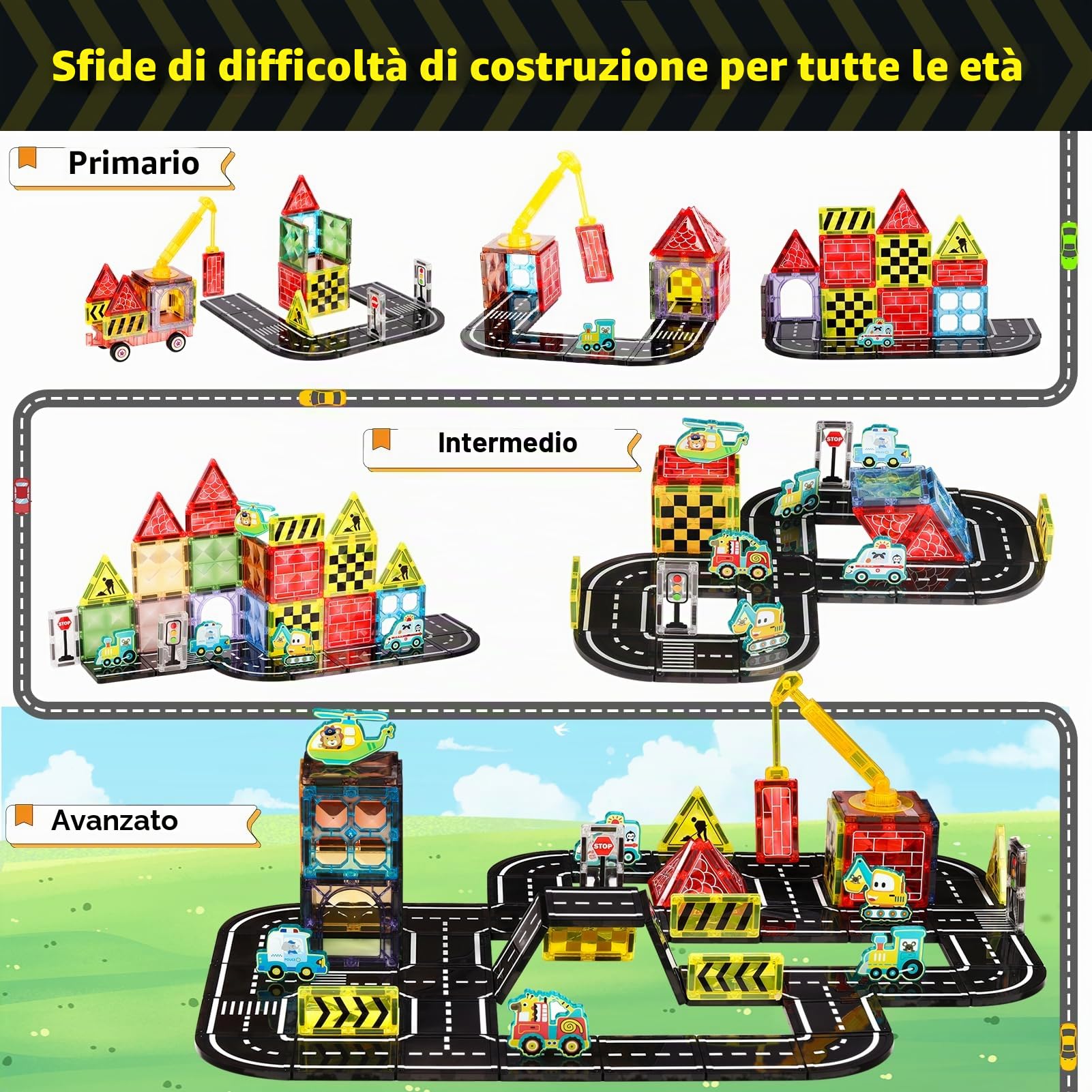 Costruzioni Magnetiche Stradale, 80 Pezzi Set Costruzioni con Segnali e Auto - Giocattolo STEM per Bambini 6-12 Anni