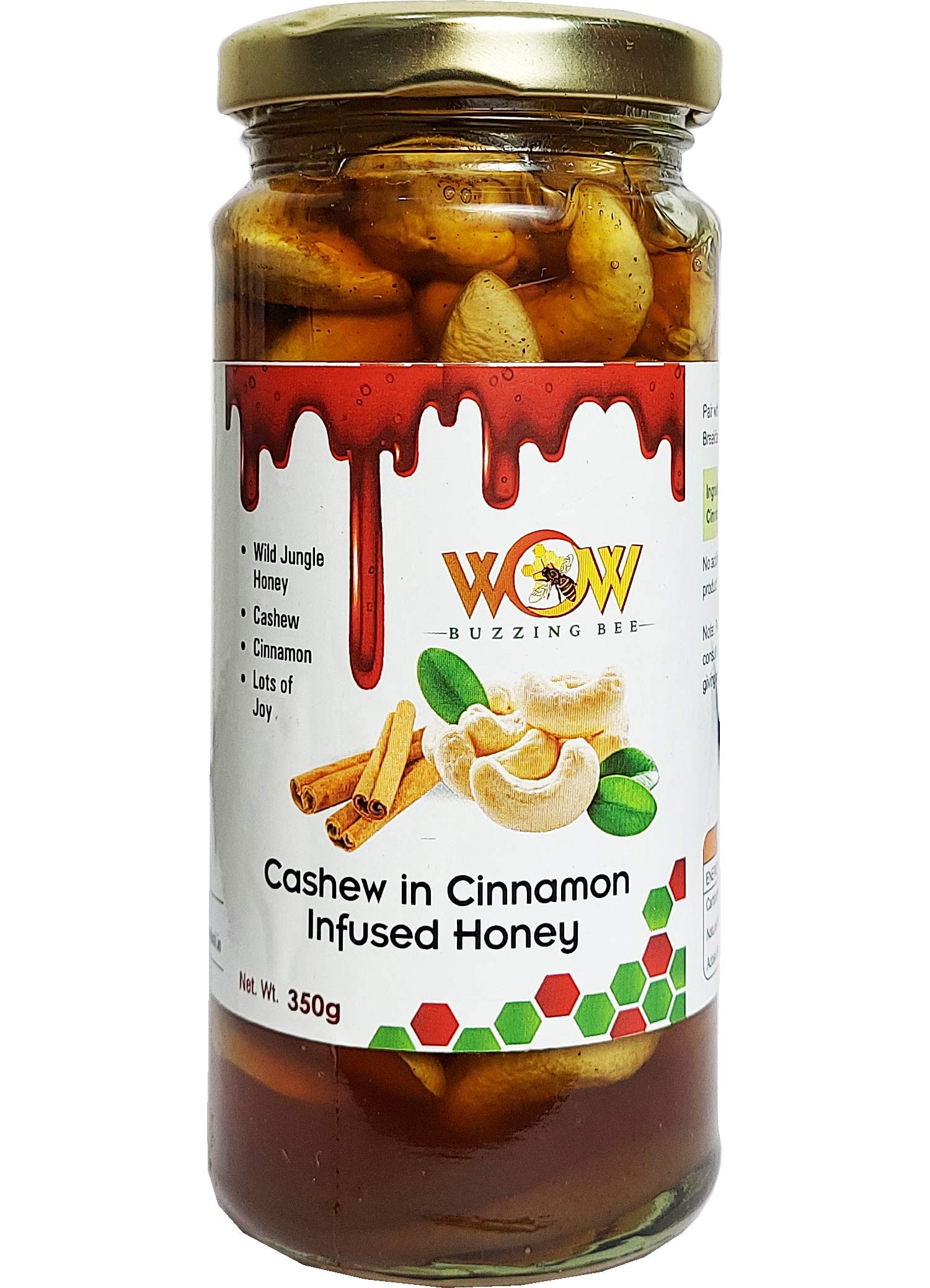 WOW BUZZING BEE -Best Cashews-Kaju (Dry Fruit) in Cinnamon Infused Wild Forest Honey-A Gift for your loved ones -350 g (Glass Bottle)