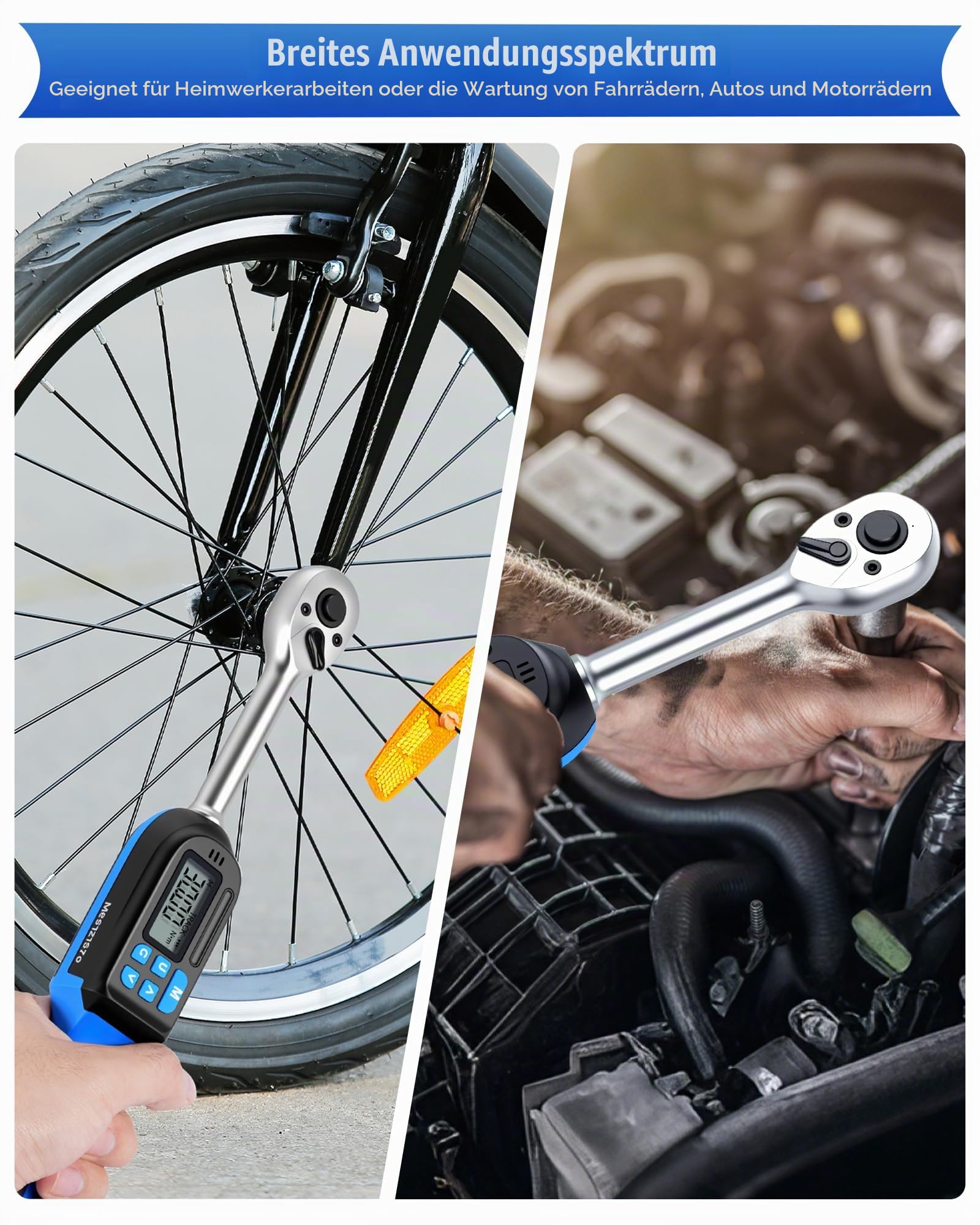 Digitaler Drehmomentschlüssel mit 3/8 zoll Antrieb, 3-60Nm Drehmomentbereich, ±2% Genauigkeit, Akustischer und LED-Alarm, Peak & Follow-Modus, für Fahrrad, Motorrad und Auto