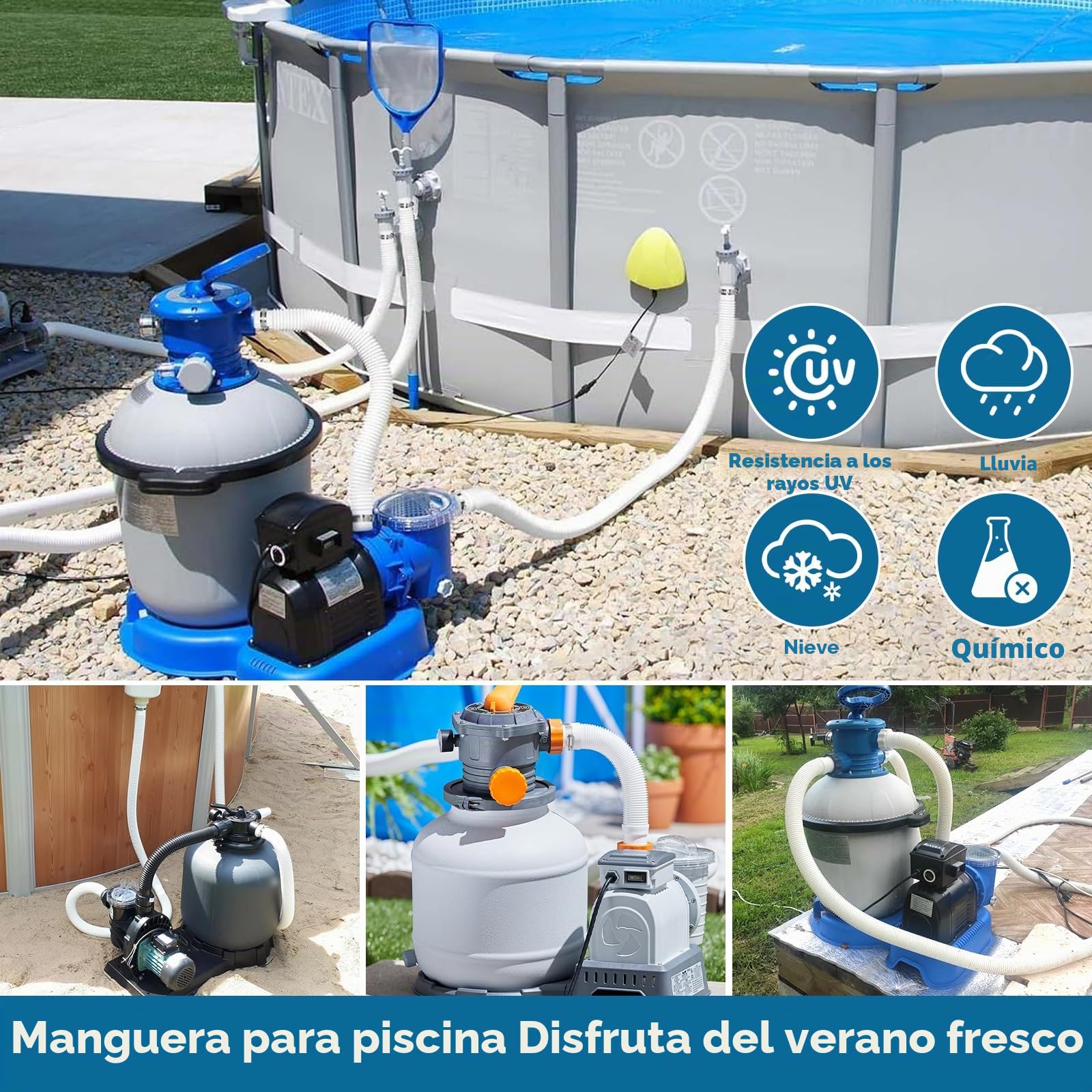 Amzeeniu 2 Piezas Manguera de Repuesto para Piscina 32mm,Repuesto Manguera de Bomba Piscina,para Piscinas Elevadas,con 4 Abrazaderas de Metal(1,5 M)