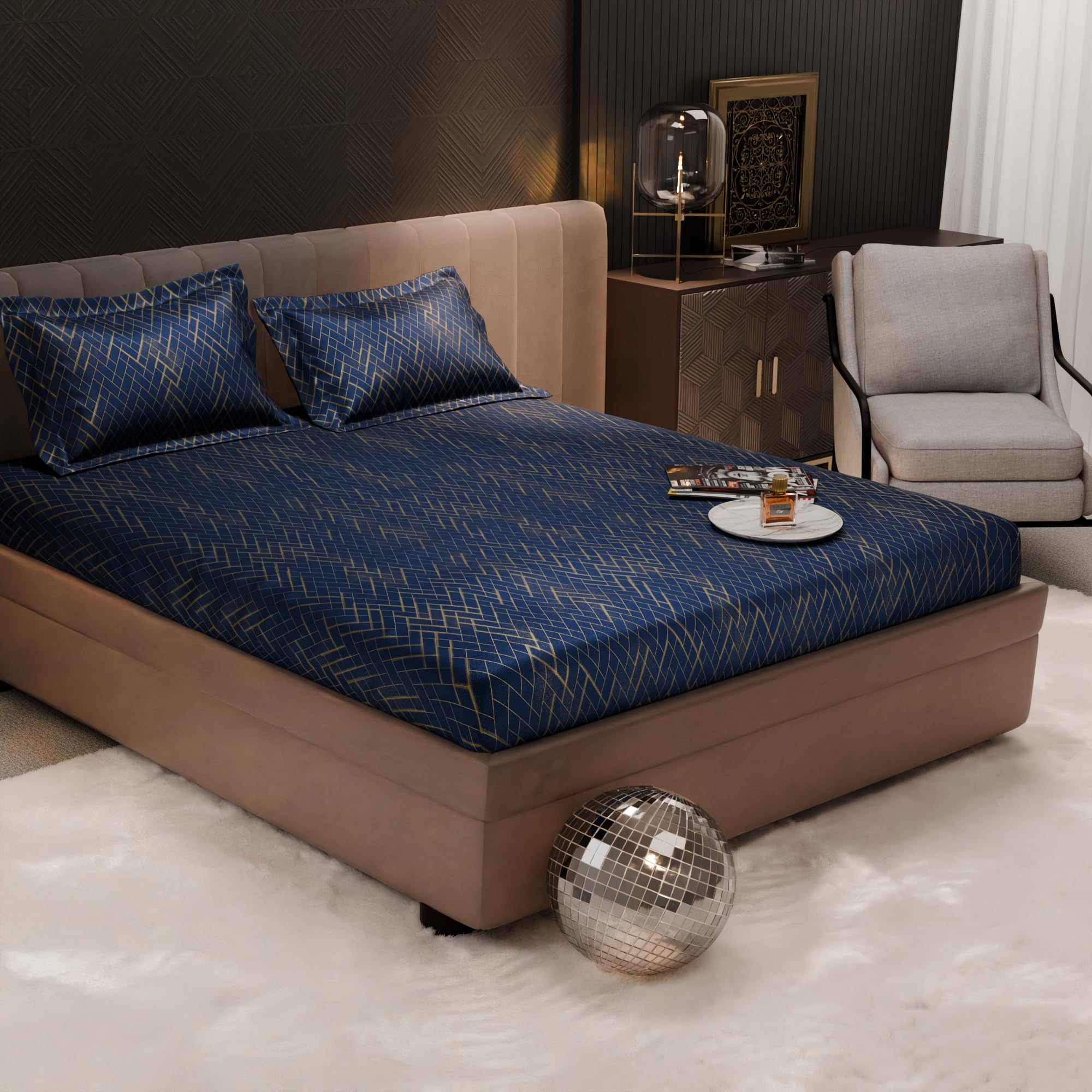Stoa Paris 300TC UltraSatin King Fitted Bedsheet Set with 2 Pillow Covers, Gentle on Skin & Hair, Wrinkle & Fade Resistant, Home Decor, Gift for Couple, Starlit Night - Navy (183cm x 198cm + 30cm)