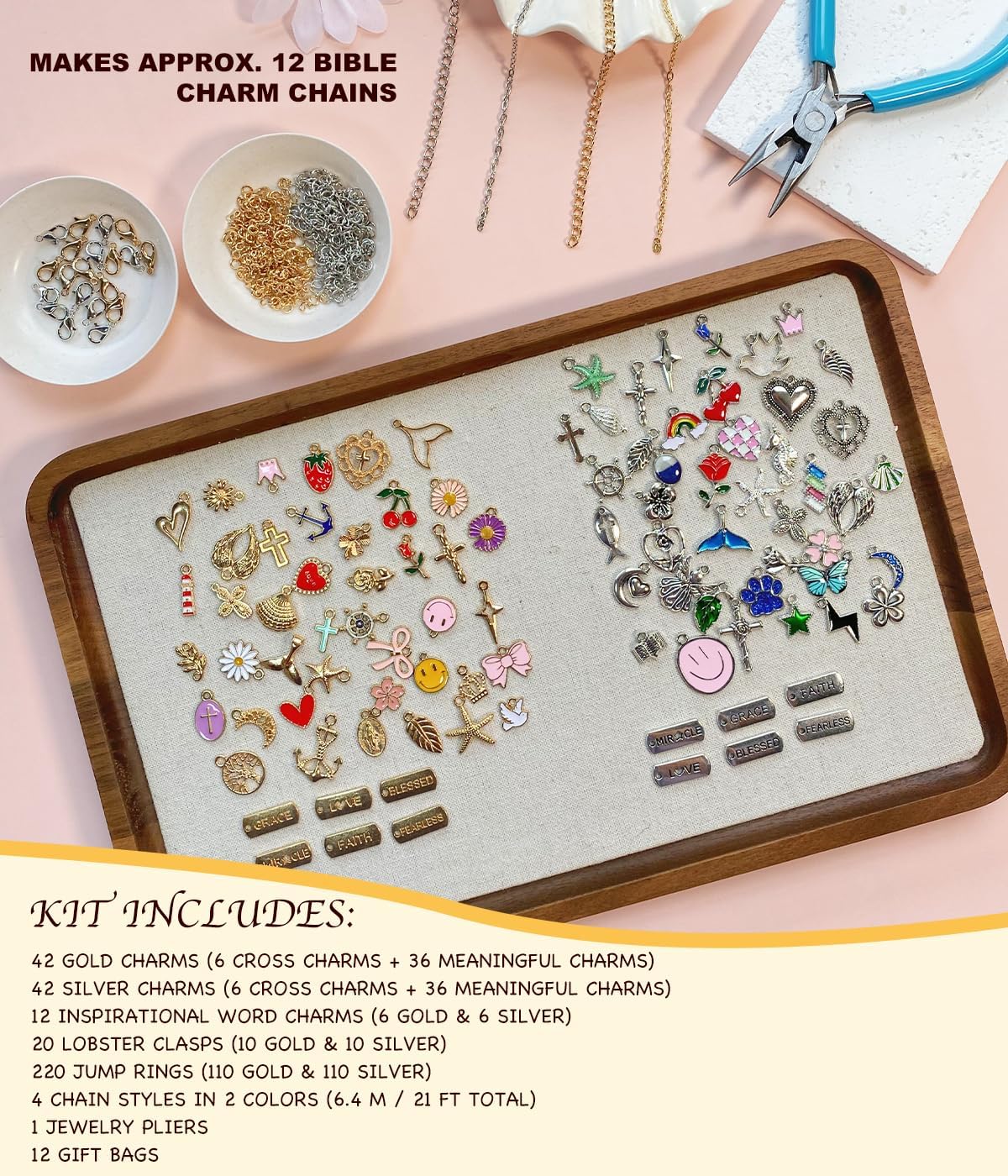 Brisine 12 Set DIY Bible Charm Chains Making Kit for Craft Activities, Book Decoration, Handmade Gift for Parties & Events, Adult Craft Kit, Includes Pliers Tool Set & Gift Bags