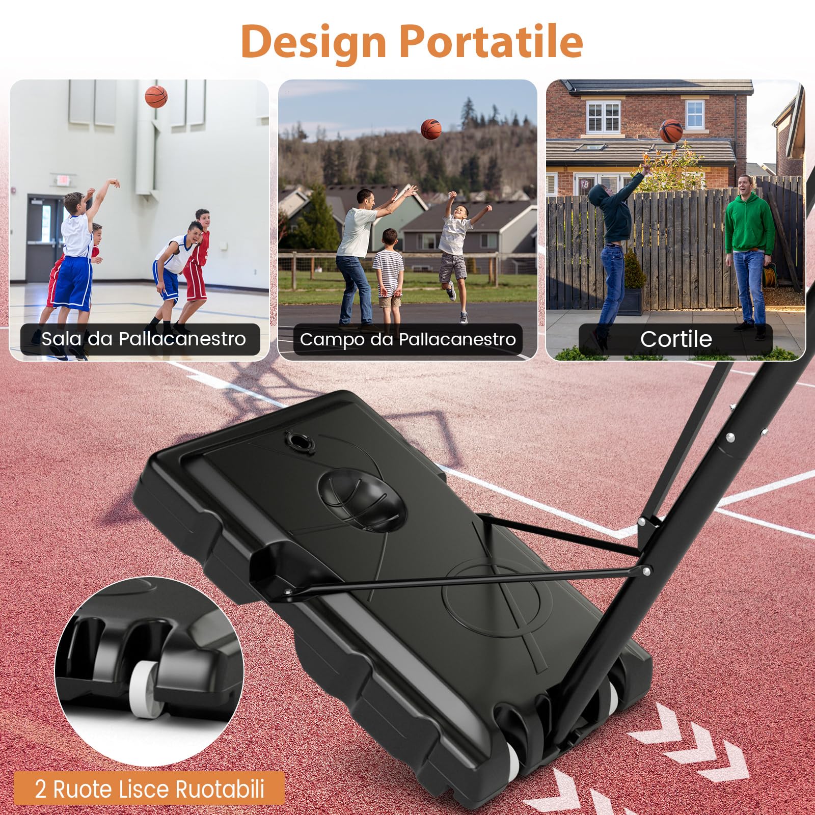 COSTWAY Canestro da Basket da Esterno, Canestro Basket Portatile e Regolabile in Altezza da 1,5 a 3 M con Tabellone in PC da 111 cm, Base Riempibile, Borsa per Pesi e Ruote