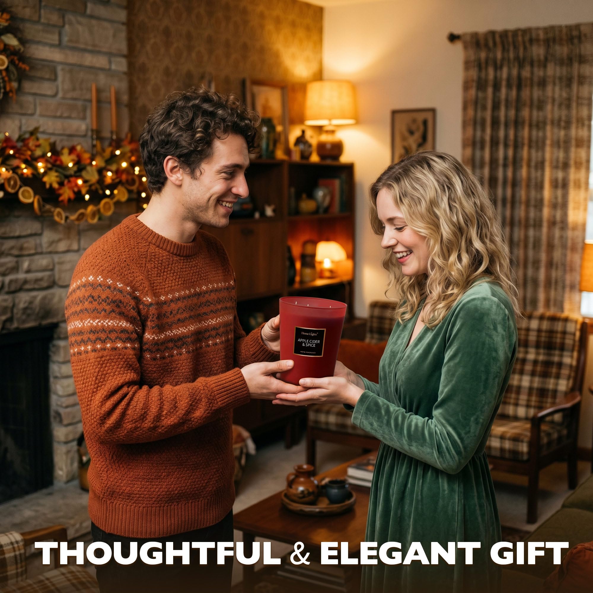 HomeLights - Candele di soia altamente profumate per la casa, 3 stoppini in cotone, senza fumo di lunga durata 70 ore in sidro di mele e spezie, 5 x 6, ottimo regalo per donne e uomini