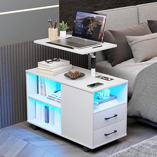 Miniatura 37 de HNEBC Mesita de noche con estación de carga inalámbrica, la mesita de noche LED tiene una estación de trabajo giratoria ajustable, mesita de noche 1