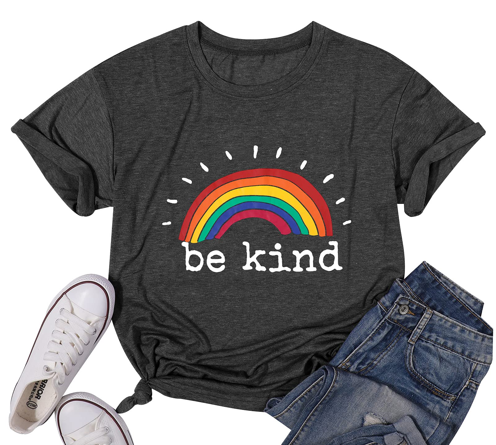 Be Kind Tshirts for Women Rainbow Graphic Short Sleeve Inspirational Shirt Funny Casual Tee Shirts
