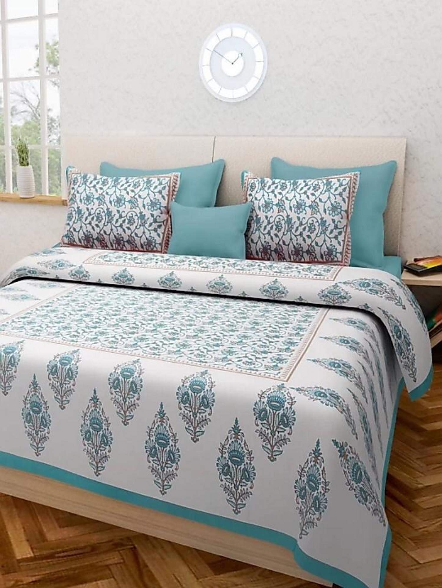 Cotton Printed Bedsheet Sanganeri Jaipuri Bedcover Bedspread 86 x 94 Inches with 2 Pillow Covers