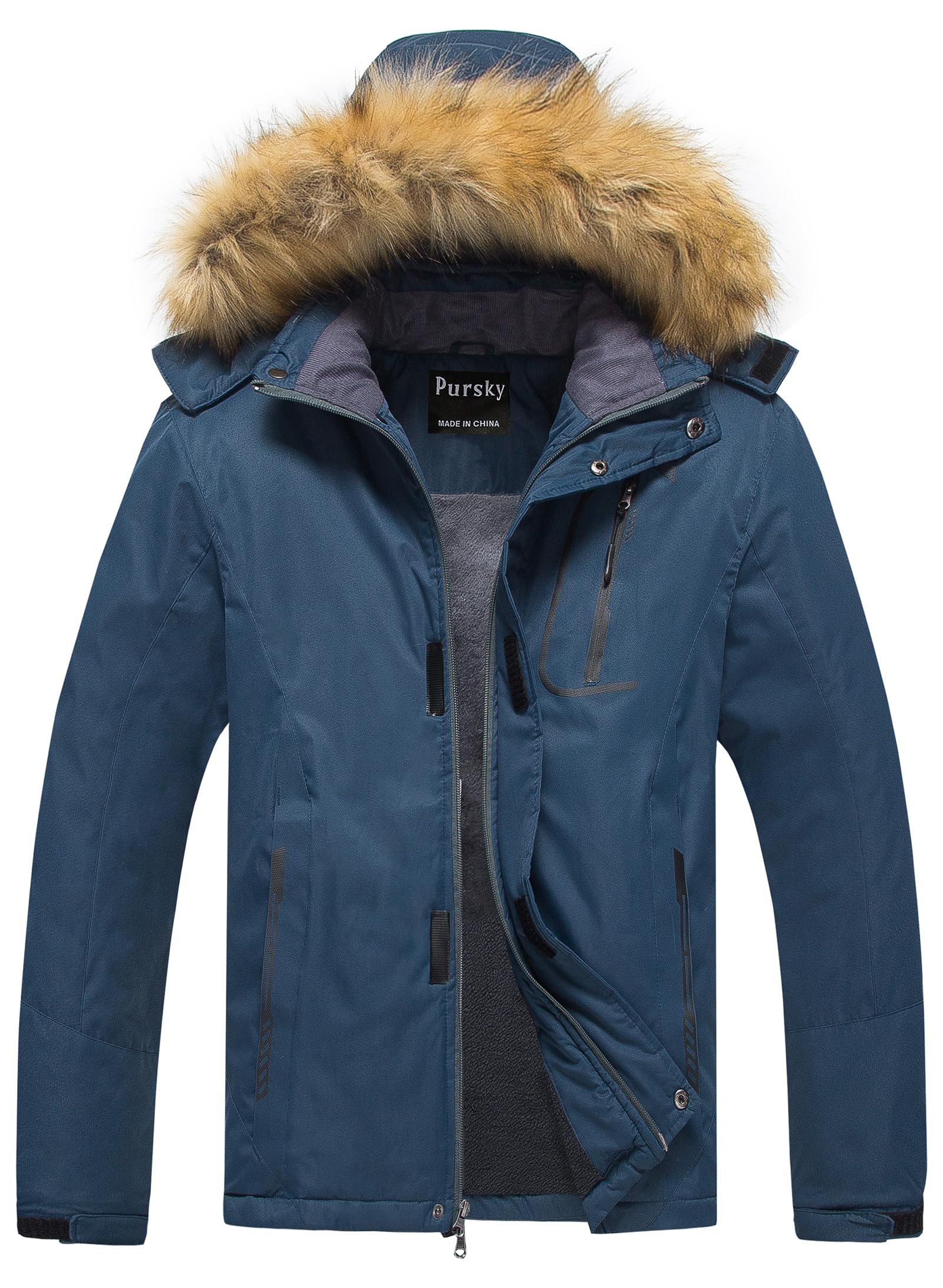 Pursky Men's Waterproof Ski Jacket Winter Snow Coats Fur Hooded Raincoats Parka