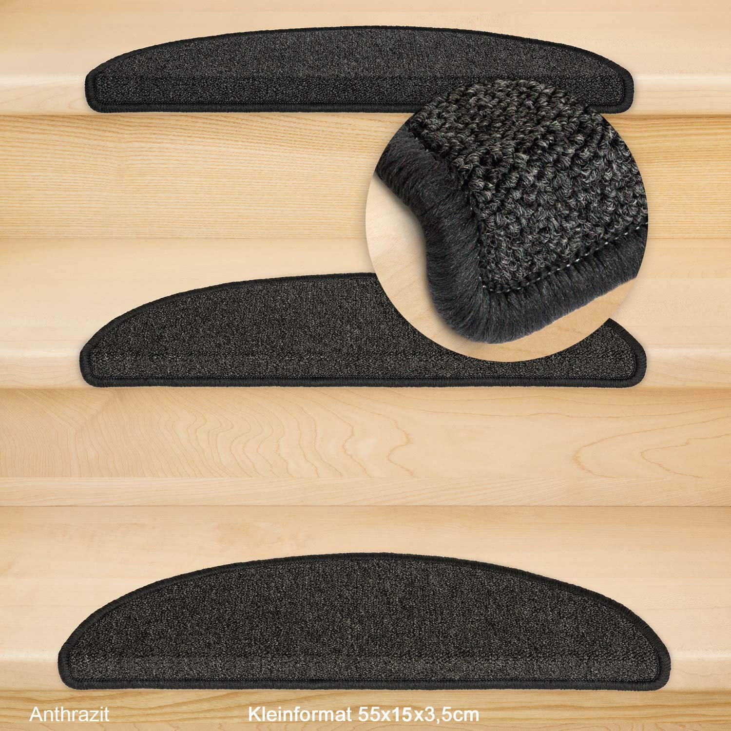 Kettelservice-Metzker Stufenmatten Kleinformat für Raumspartreppen/Wendeltreppen 55x15x3,5cm, Anthrazit 15 Stück