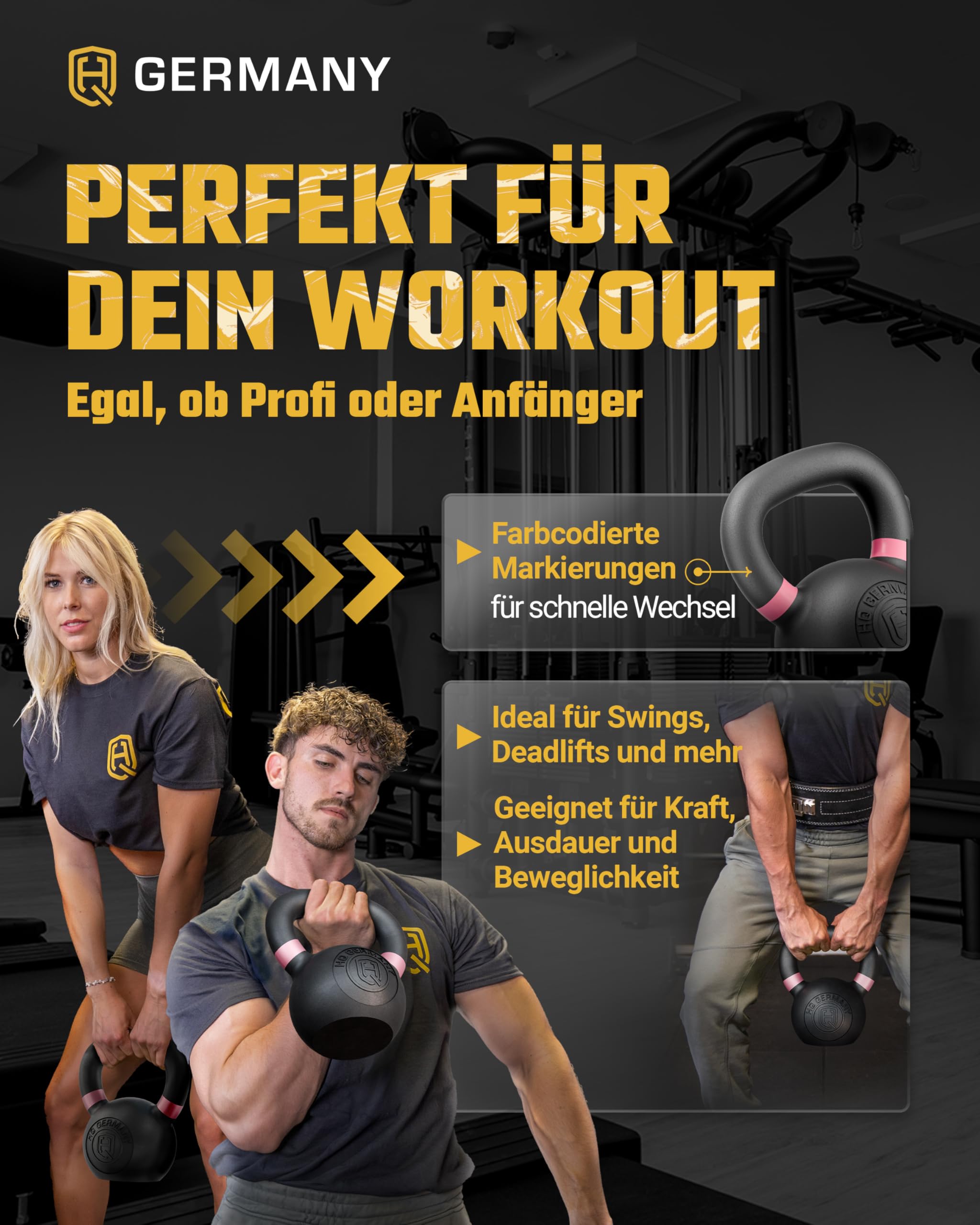 HQ Germany® Kettlebell Powdercoat [2-32kg/Sets] - Gusseisen Kettlebell Set mit ±2% Gewichtstoleranz - Kugelhantel Gewicht, Hantel Gewichte Set, Kettle Bell, Premium Kettlebells mit Pulverbeschichtung