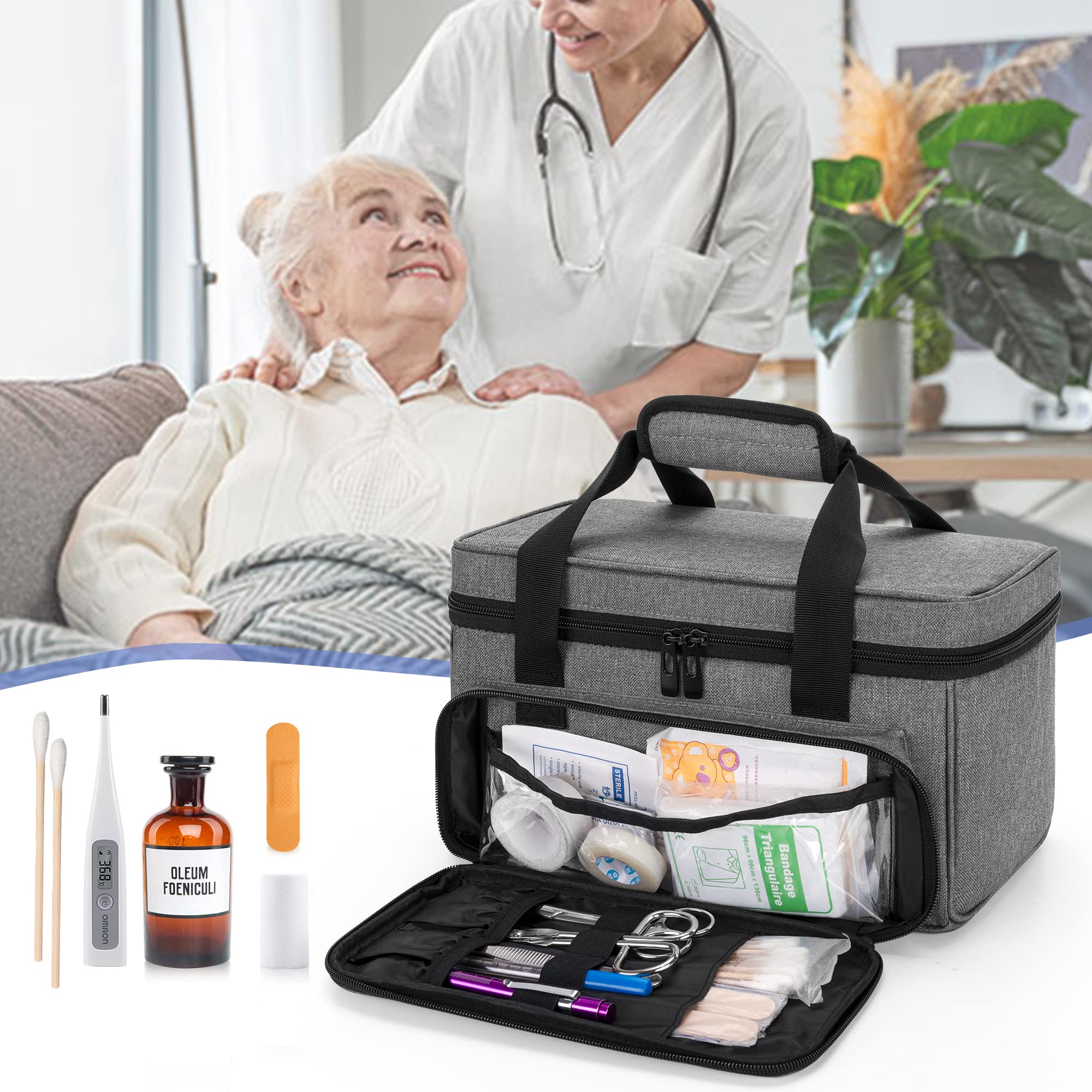 CURMIO Petit Boite de Premiers Secours, Sac d’Urgence pour Maison ou Voyage, Organisateur des Médicaments, Gris (Sac Vide, Brevet en Instance)