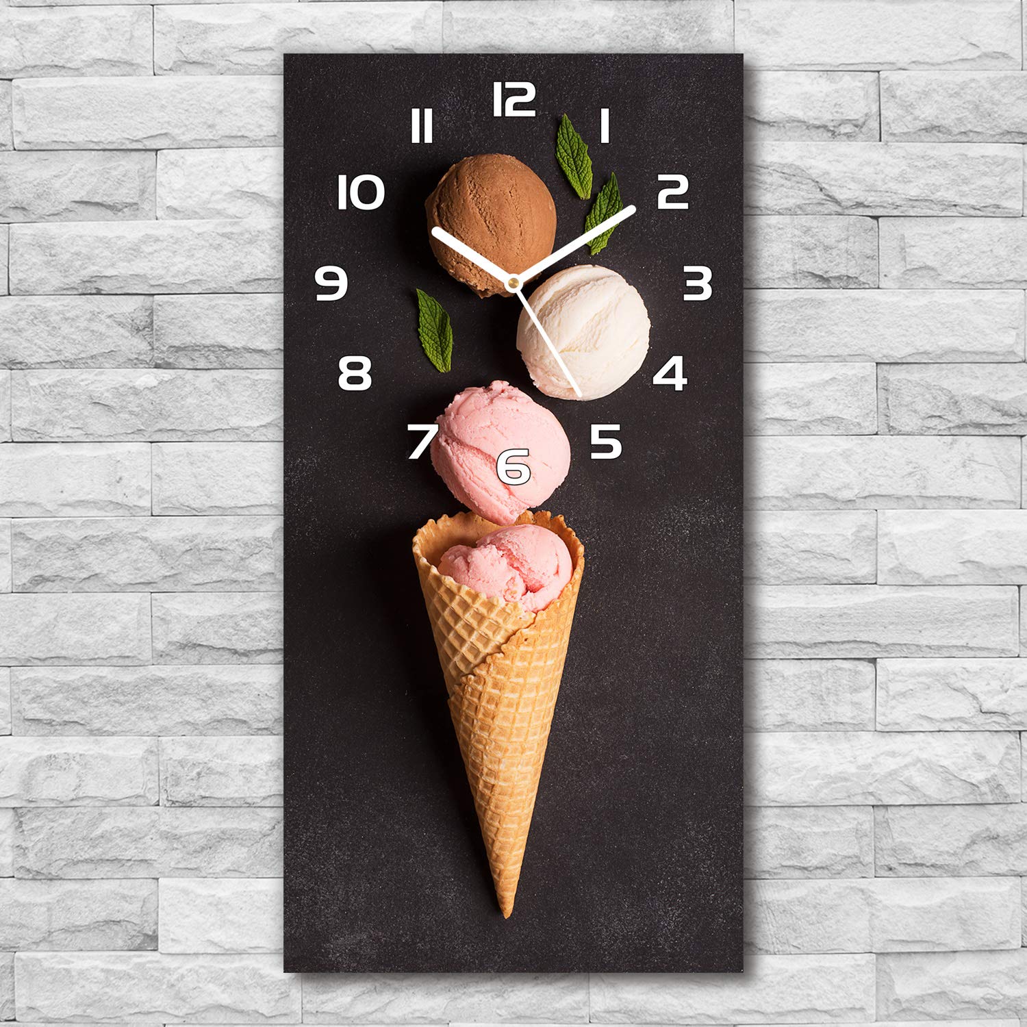 Tulup Glasuhr 30x60 cm - weißen Zeigern - Wanduhr Wandkunst Bild Gehärtetem Glas Uhr Echtglas Küche Wohnzimmer - EIS in der Waffel