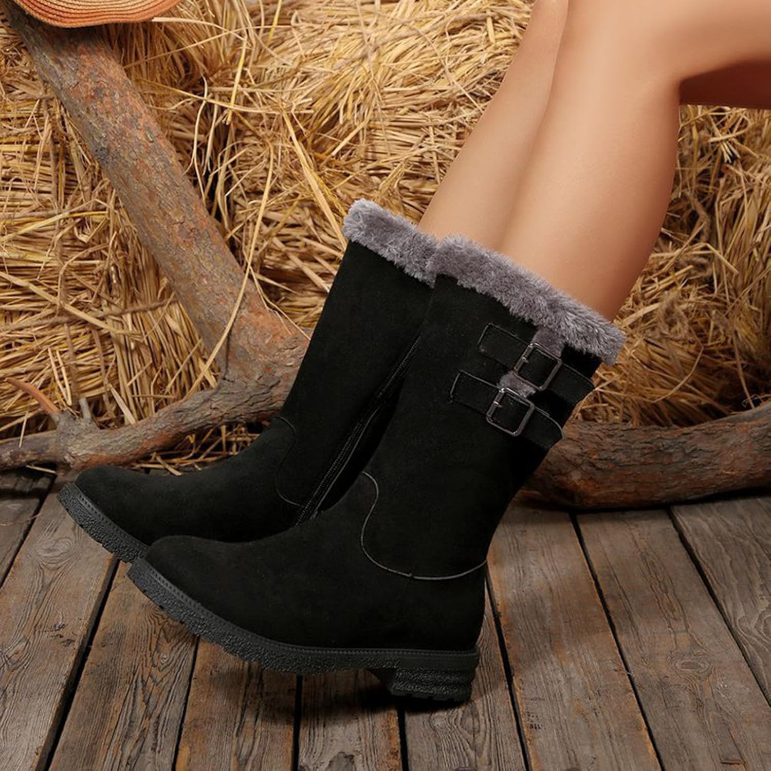 Women's Fashion Mid-Calf Snow Boots, Comfort Booties for Women Faux Fur Lining Non Slip Winter Snow Boots for Hiking
