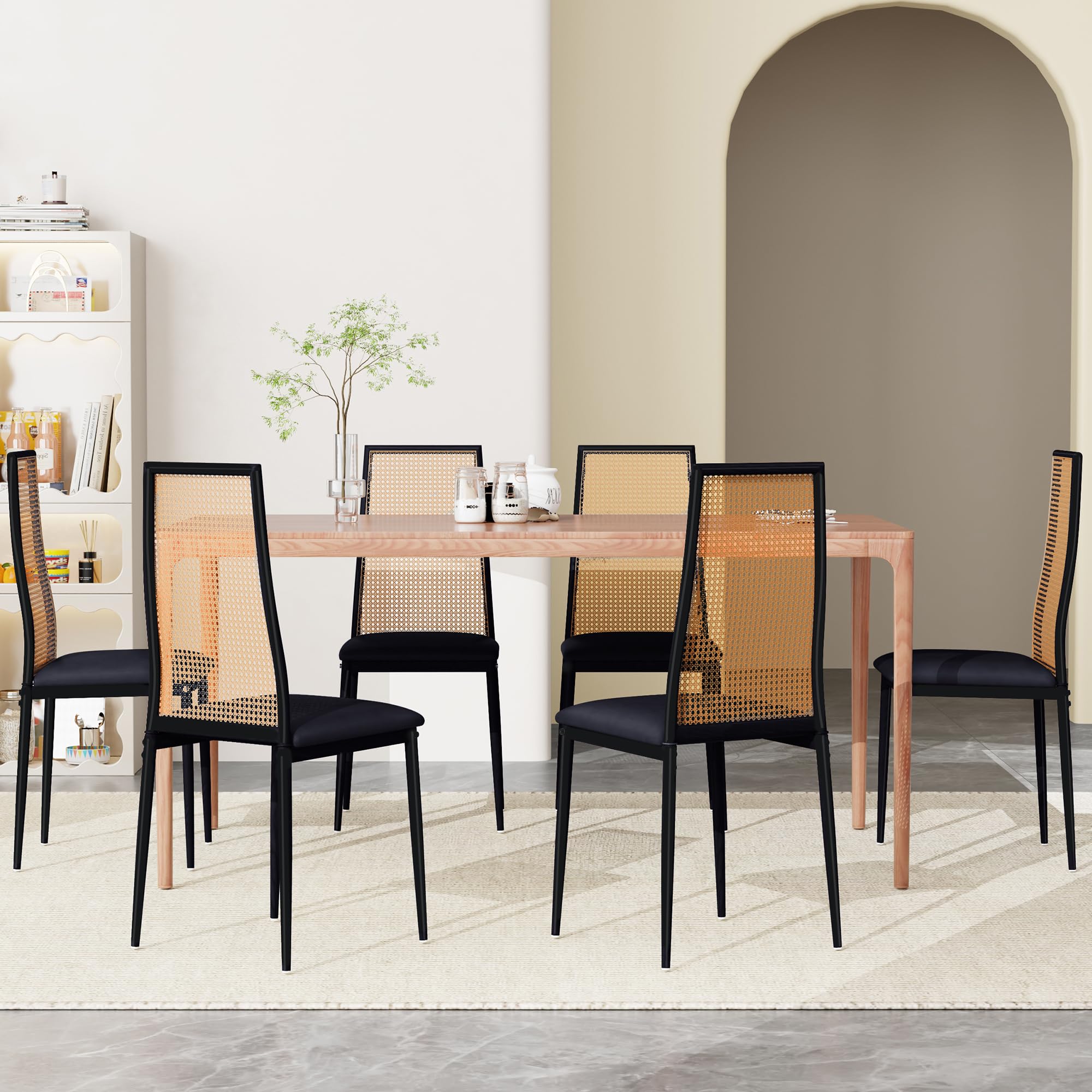 Krzesło do jadalni, zestaw 2 sztuk, czarne krzesło do jadalni, krzesło do jadalni z oparciem PE rattanem i metalowymi nogami, krzesło bistro w stylu vintage z wyściełanym krzesłem do jadalni, salonu