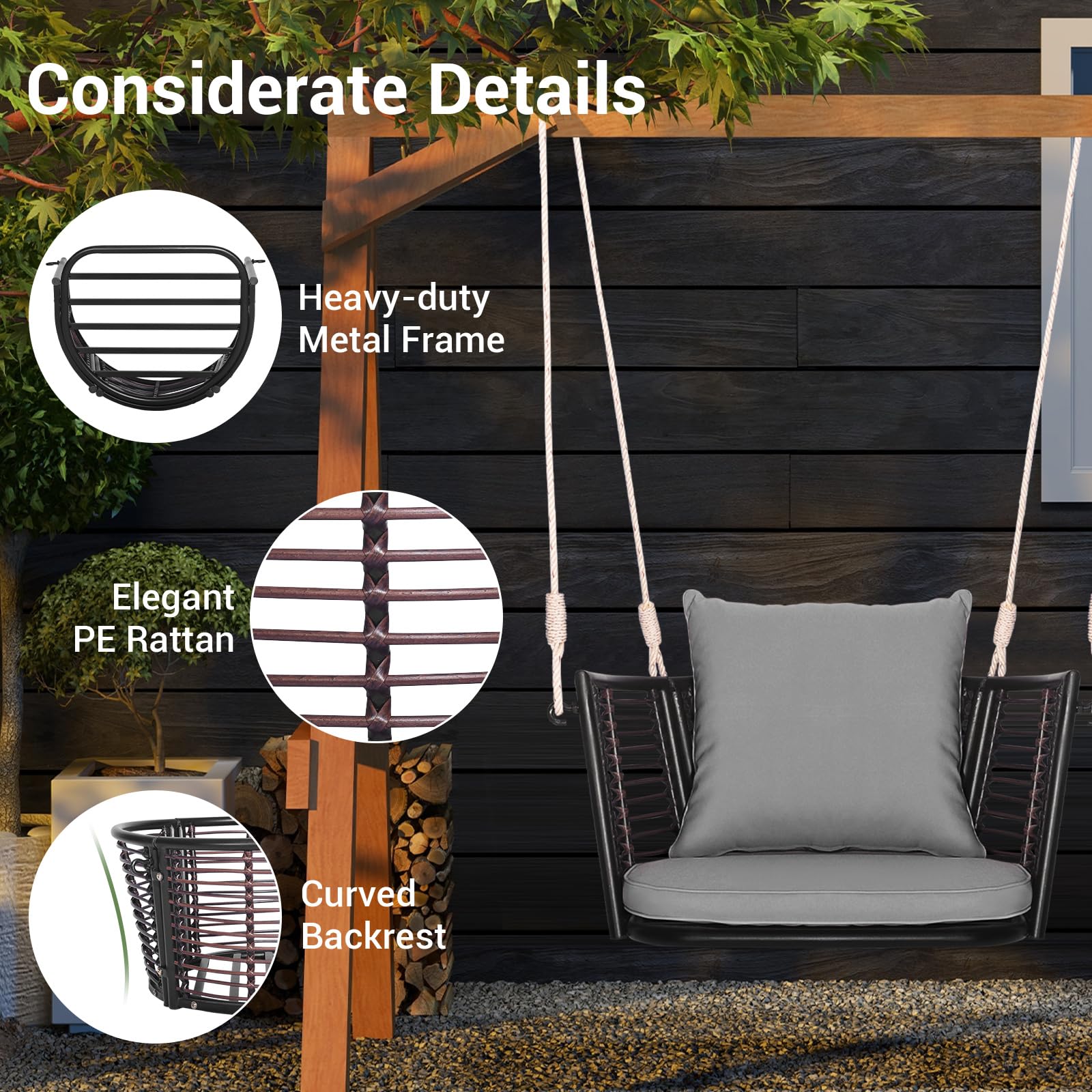 FANTASK Hängesessel Outdoor, Hängeschaukel Rattan mit Kissens & Metallrahmen & Hängeseilen, Hängesitz bis 180kg belastbar, Hängestuhl, Schaukelsessel für Veranda Garten Hinterhof (Grau)
