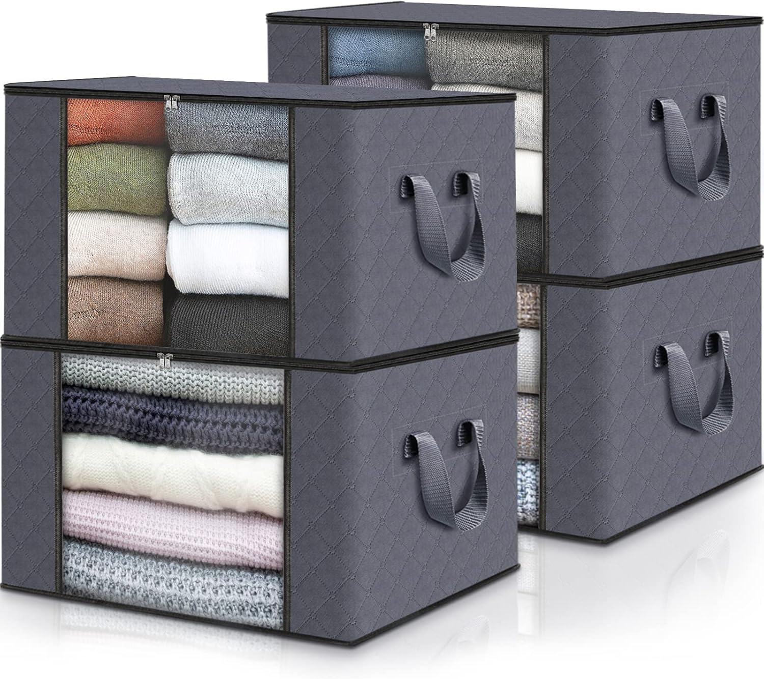 Fab totes 4Pack Clothes Storage, Foldable Blanket Storage Bags, Storage Containers for Organizing Bedroom, Closet, Clothing, Comforter, Organization and Storage with Lids and Handle, Grey
