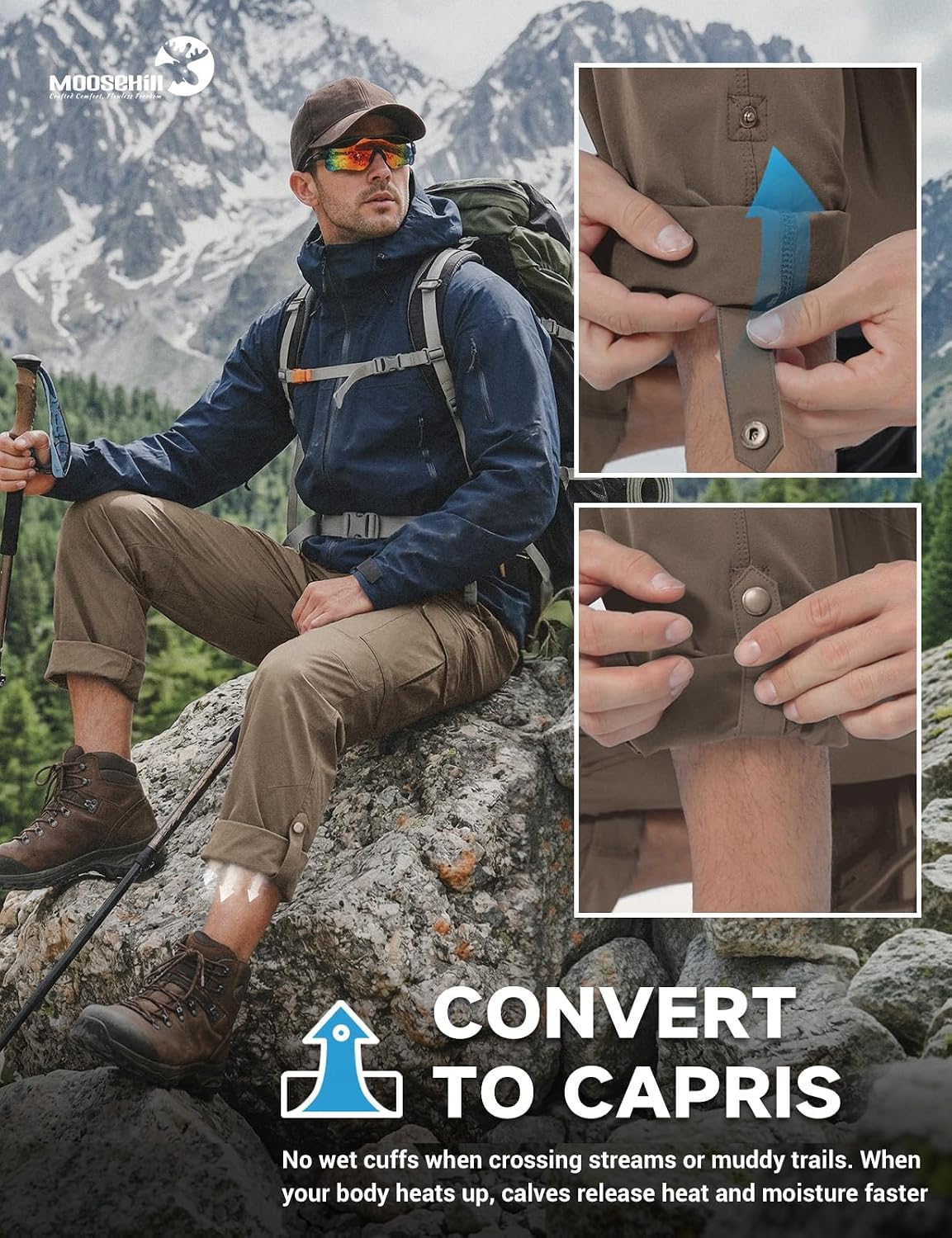 Moosehill Men's Hiking Pants Lightweight: Breathable Quick Dry Water Resistant 4-Way Stretch - 6 Deep Pockets for Hot Weather