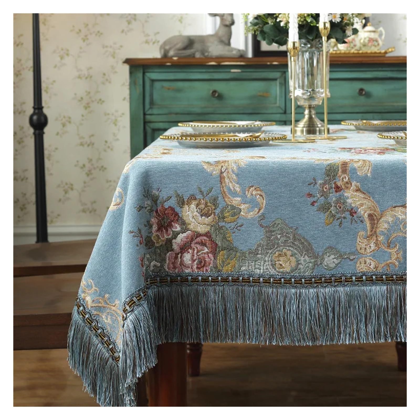 HAiLm European Retro Tassel Tablecloth - Luxury Embroidered Flower Elegant Decoration for Living Room (Blue, 160x250cm)
