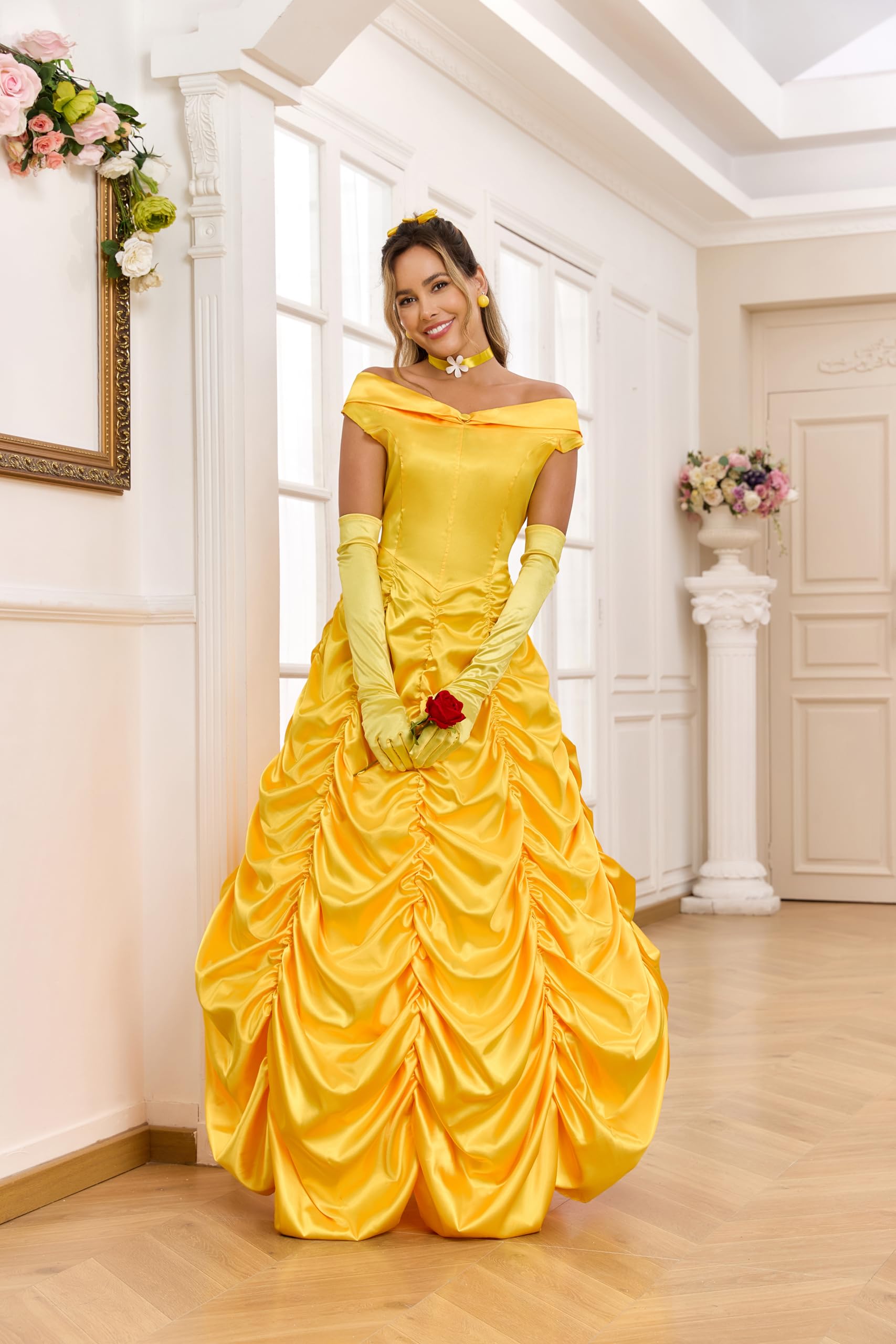 AYYOHON Princess Belle Costume Women Beauty Fairytale Long Dress Gown Off Shoulder Yellow Party Dress Red Rose Earrings Set XS - Image 2