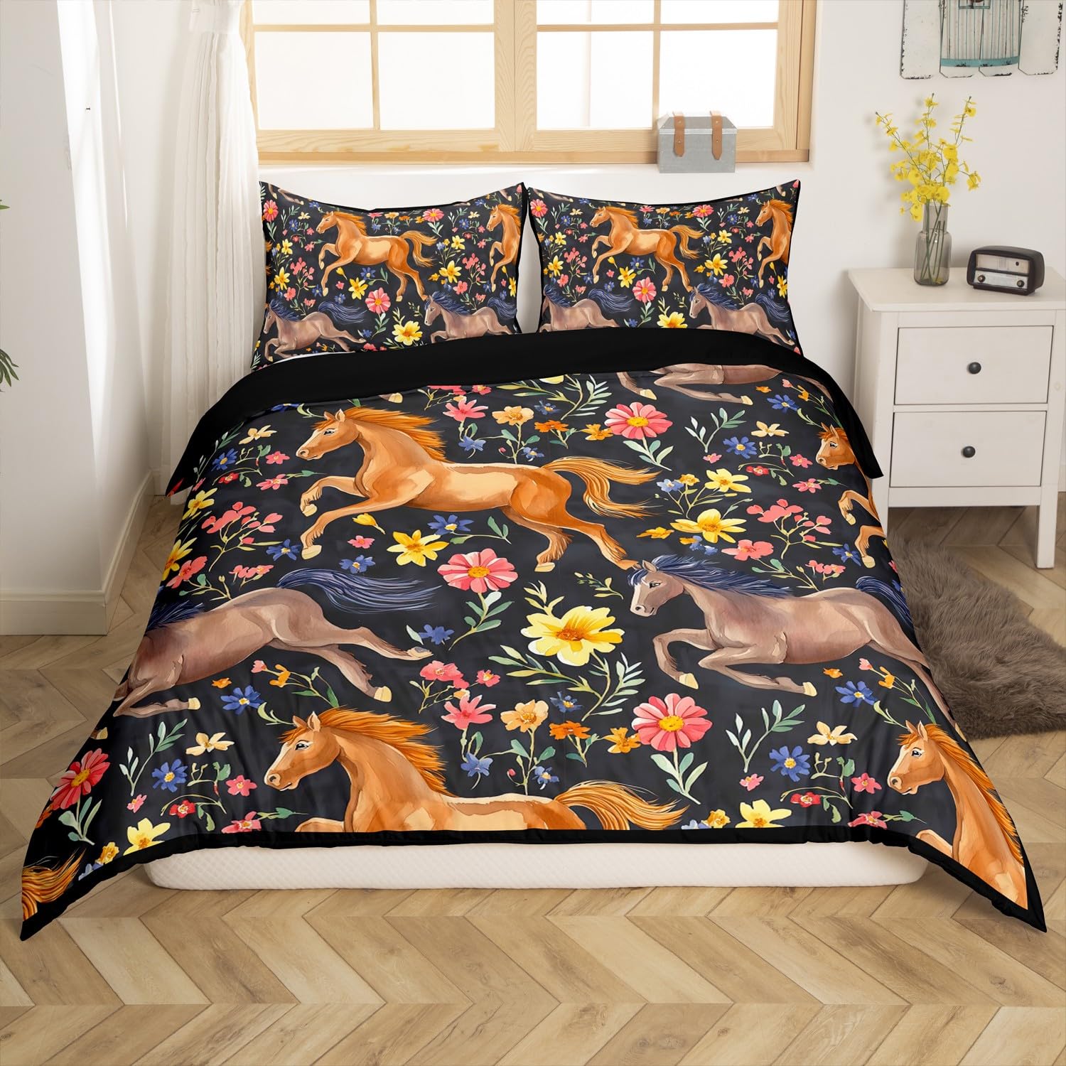 Homemissing Horse Bedding Set Single Size Galloping Horse Comforter Cover Set 3D Wild Farm Animal Duvet Cover Retro Floral Bedspread Cover Room Decor Olive Black Quilt Cover,No Comforter — image 1